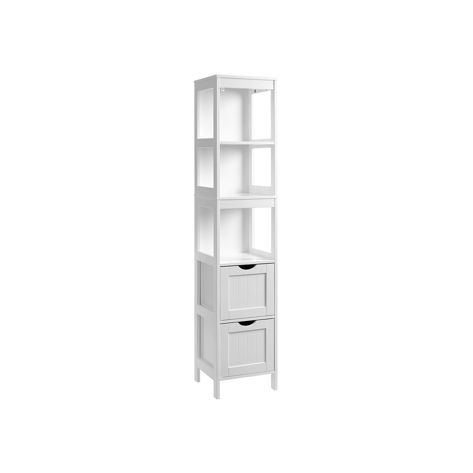 Badezimmerschrank - Hochschrank mit 2 Schubladen und 3 offenen Fächern - 30 x 30 x 141,5 cm - weiß