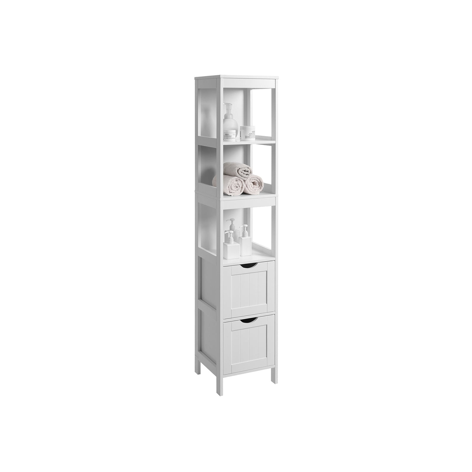 Badezimmerschrank - Hochschrank mit 2 Schubladen und 3 offenen Fächern - 30 x 30 x 141,5 cm - weiß