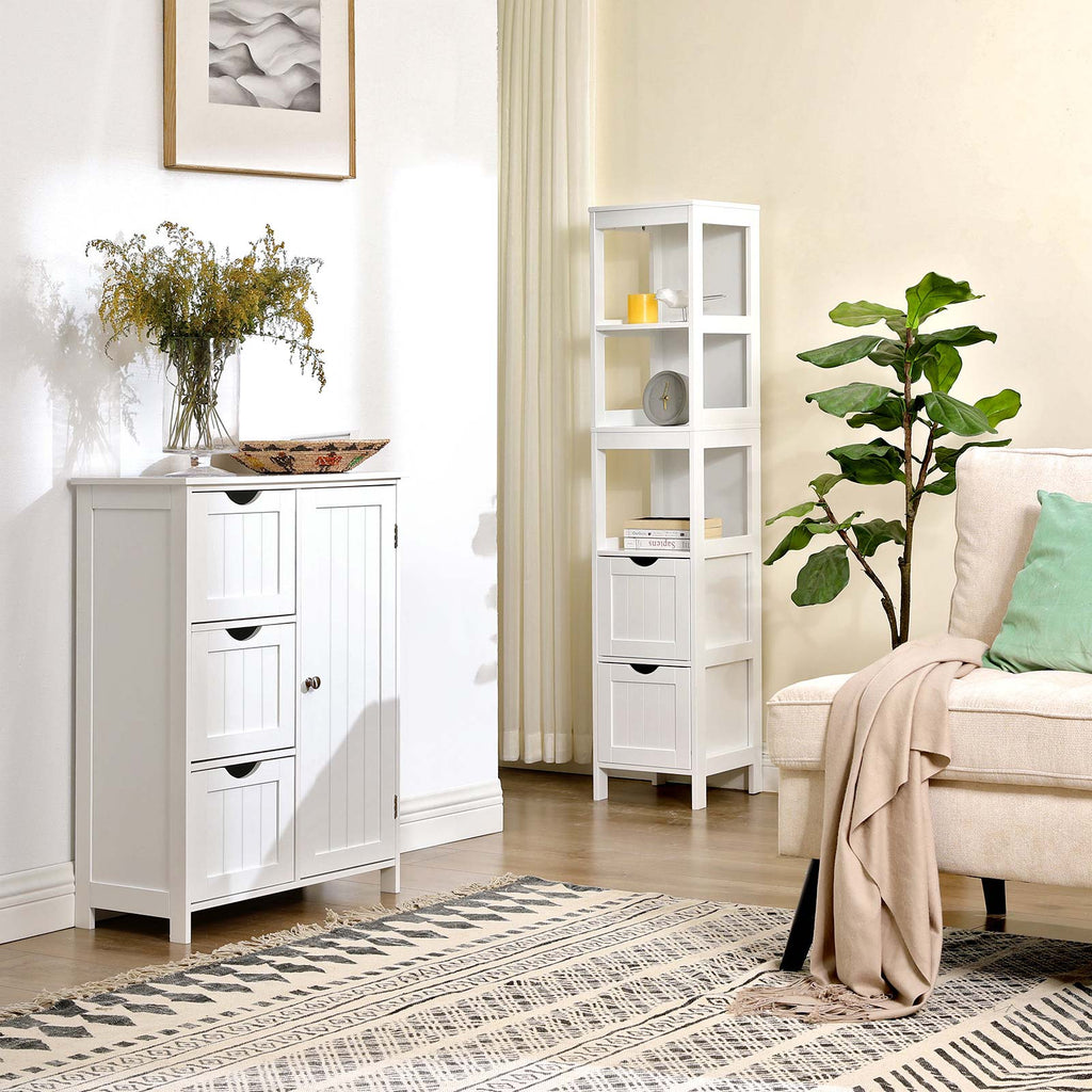 Badezimmerschrank - Hochschrank mit 2 Schubladen und 3 offenen Fächern - 30 x 30 x 141,5 cm - weiß