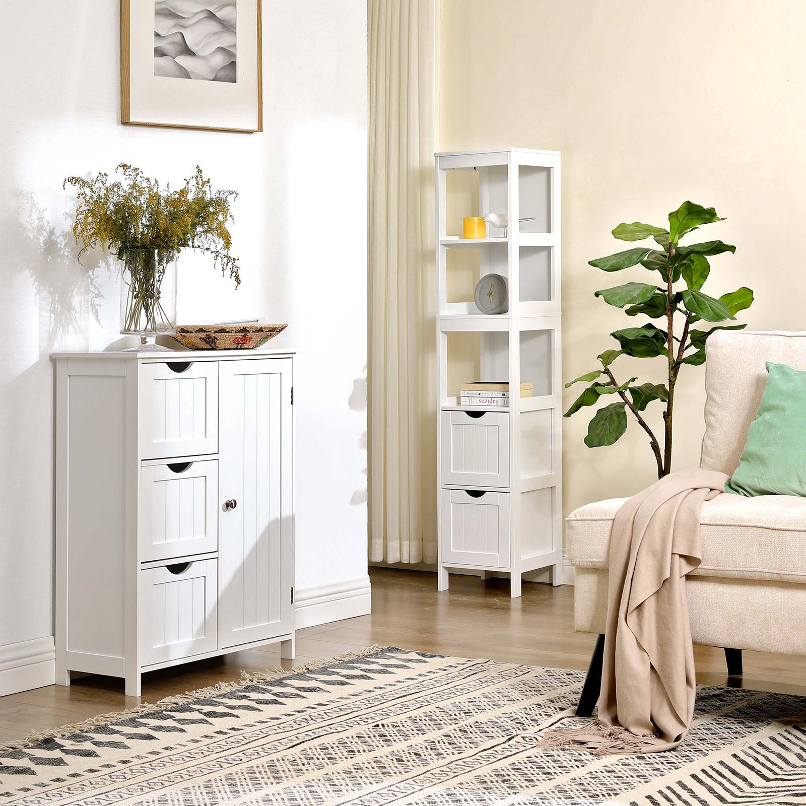 Badezimmerschrank - Hochschrank mit 2 Schubladen und 3 offenen Fächern - 30 x 30 x 141,5 cm - weiß