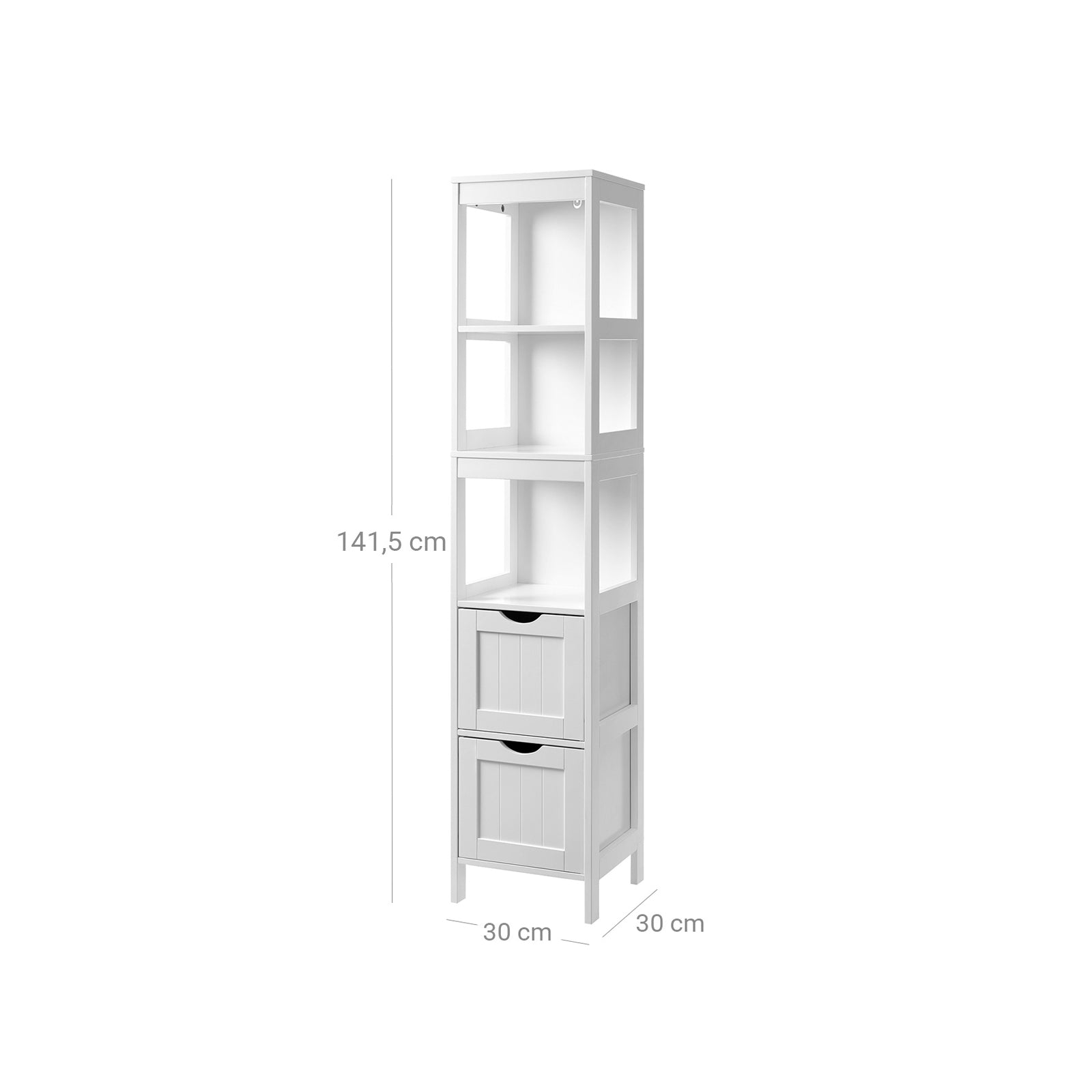 Badezimmerschrank - Hochschrank mit 2 Schubladen und 3 offenen Fächern - 30 x 30 x 141,5 cm - weiß