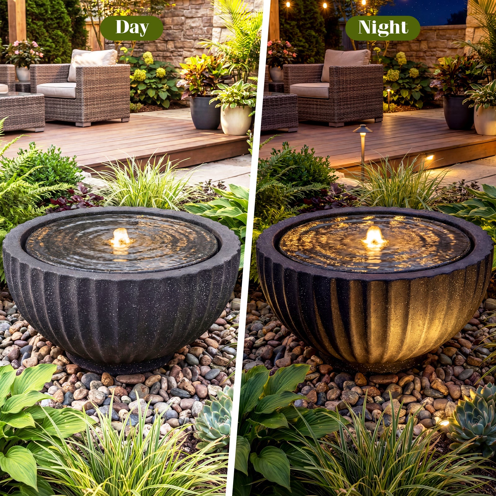 Trädgårdsfontän – rund springbrunn med LED belysning liten terrassfontän stensimuleringsfinish – Svart