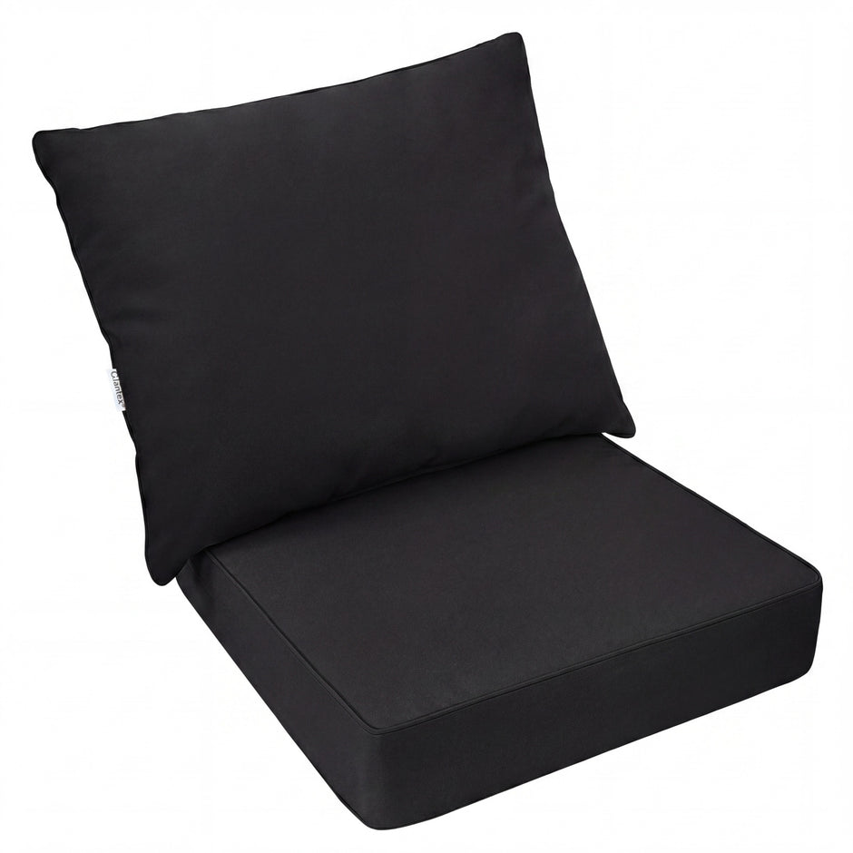 Trädgårdsmöbeldynor: – Sittdyna + Ryggdyna Svarta trädgårdsstolsdynor – 60 x 60 x 15 cm 60 x 40 x 20 cm – Svart