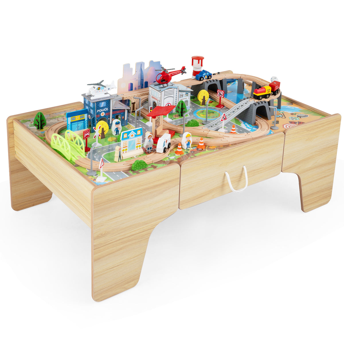 Trälekbord, – 110‑delat barnjärnvägsset med stor inbyggd låda, – 107 x 63 x 40 cm