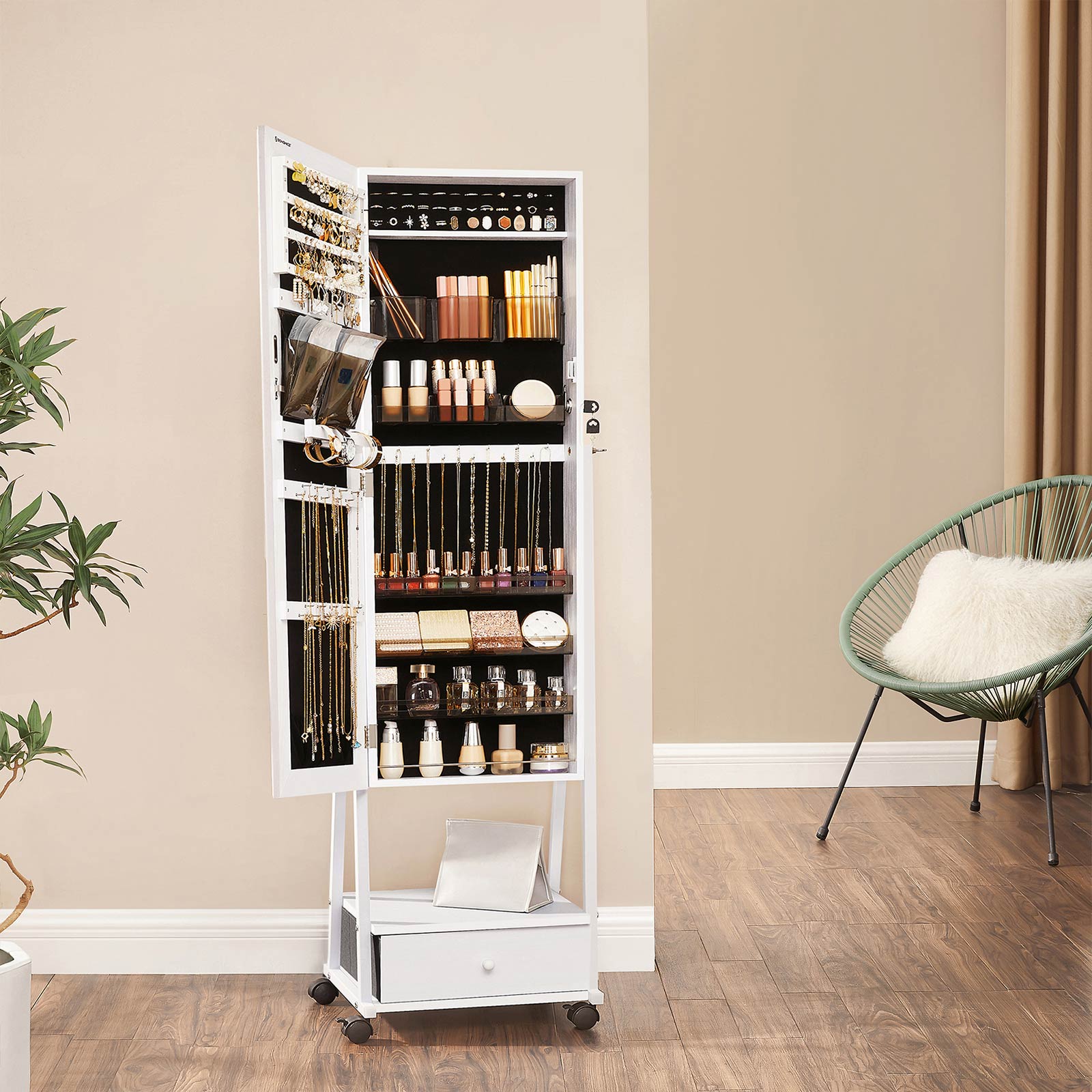 Juwelier Organizer - Schmuckschrank - mit Spiegel - mit Schublade - abschließbar - Weiß