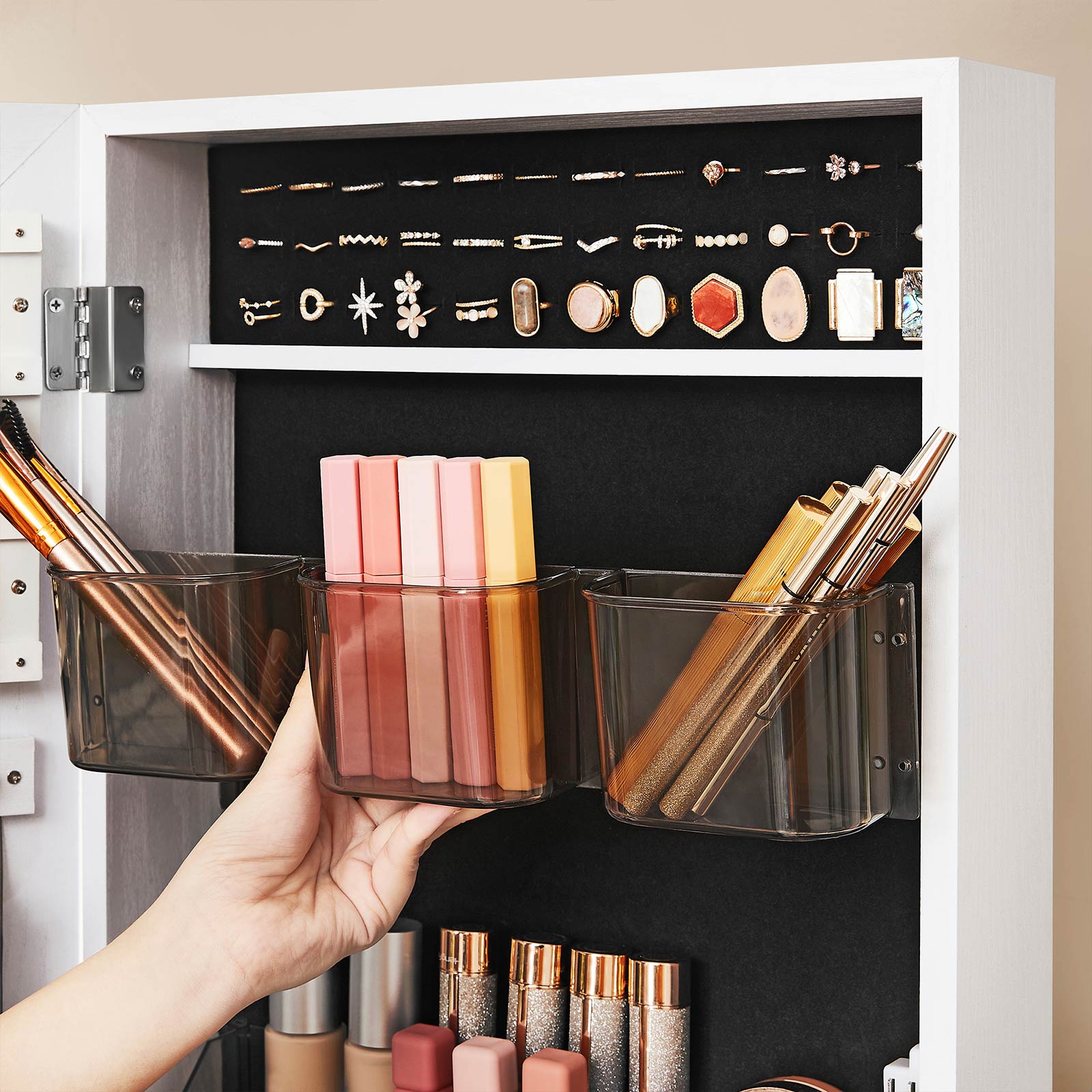Juwelier Organizer - Schmuckschrank - mit Spiegel - mit Schublade - abschließbar - Weiß