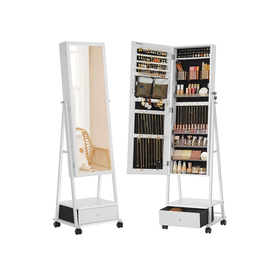 Juwelier Organizer - Schmuckschrank - mit Spiegel - mit Schublade - abschließbar - Weiß