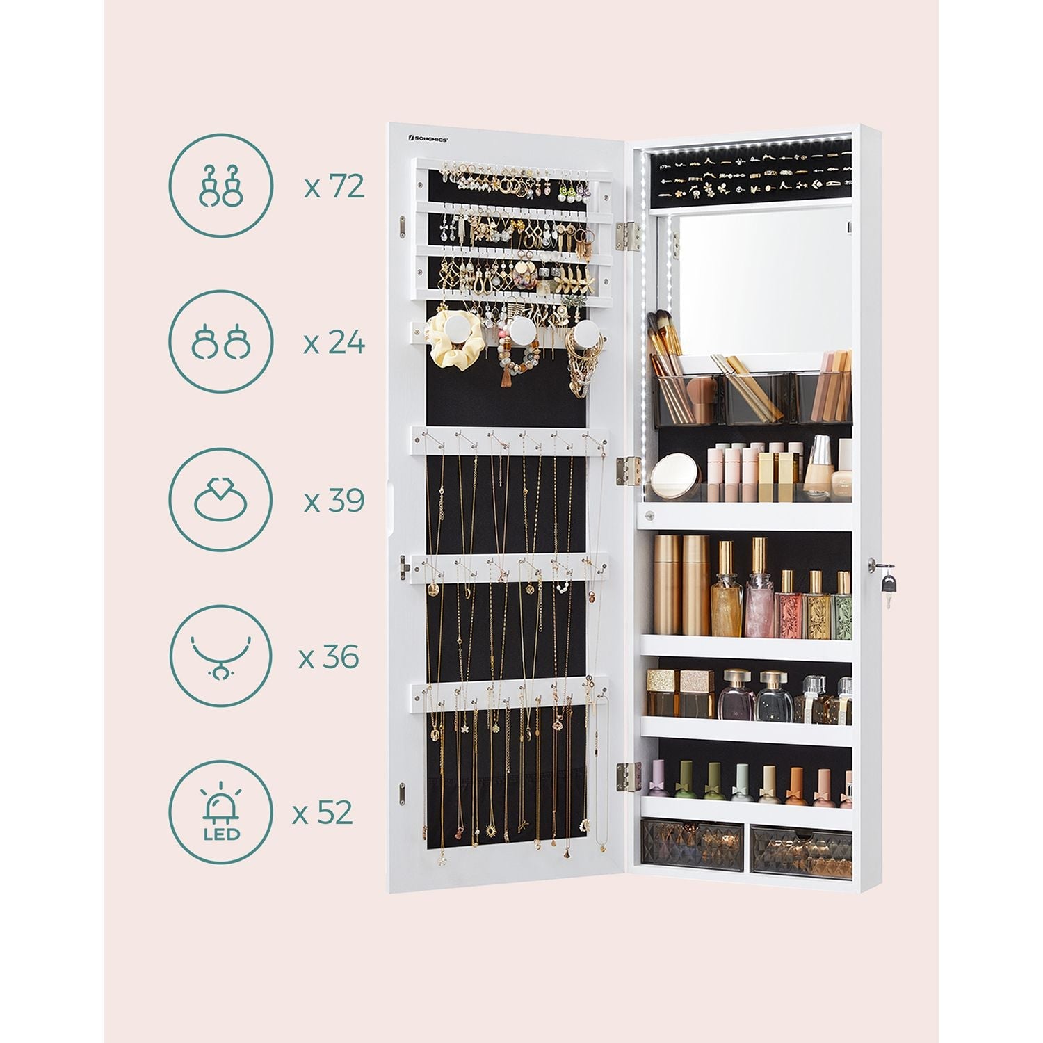 Hanging Schmuckschrank - Schmuckschrank - Wandschrank - mit LED -Beleuchtung - Weiß