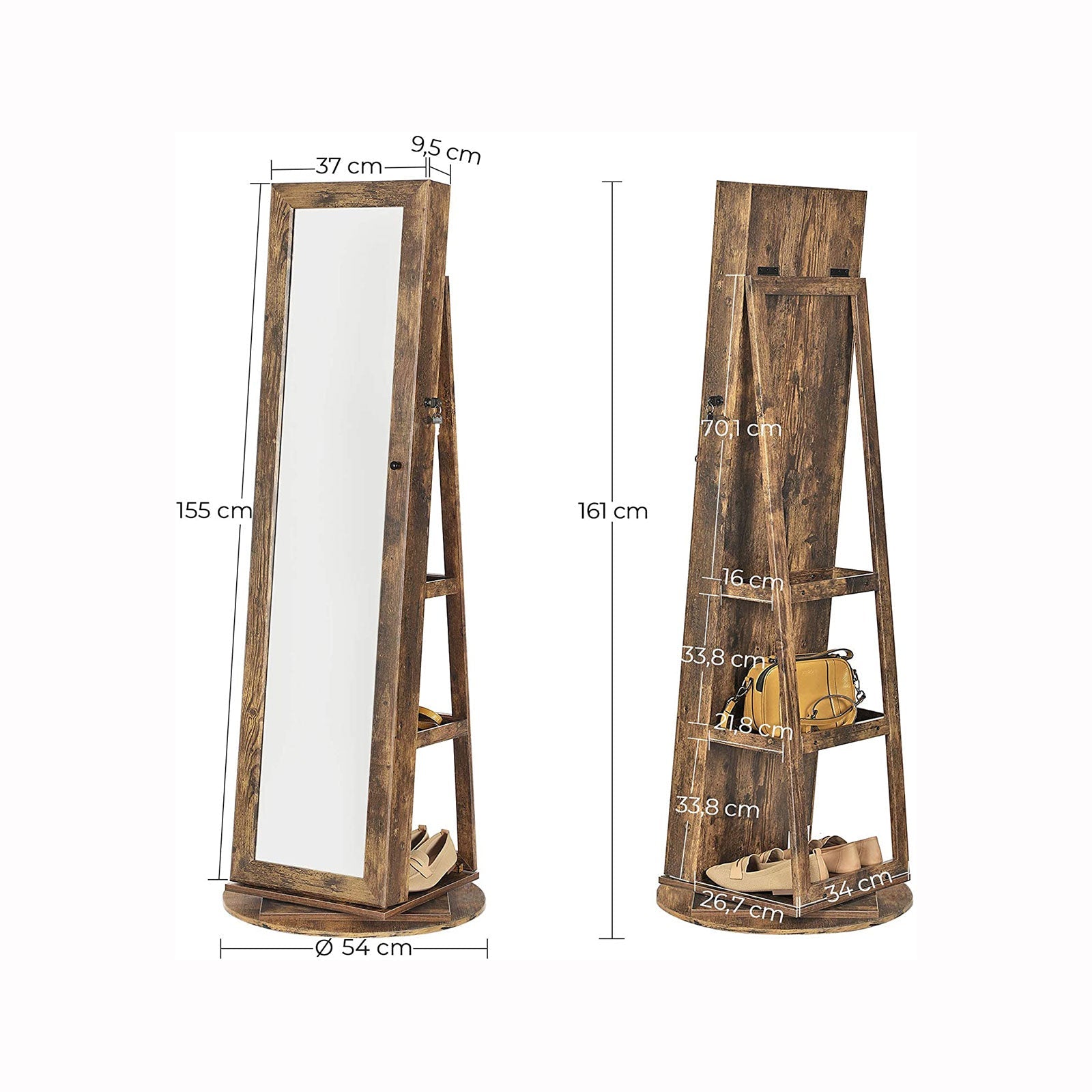 Schmuckschrank - Spiegelschrank - 360 ° rotatierbar - lockbar - mit Spiegel - Braun