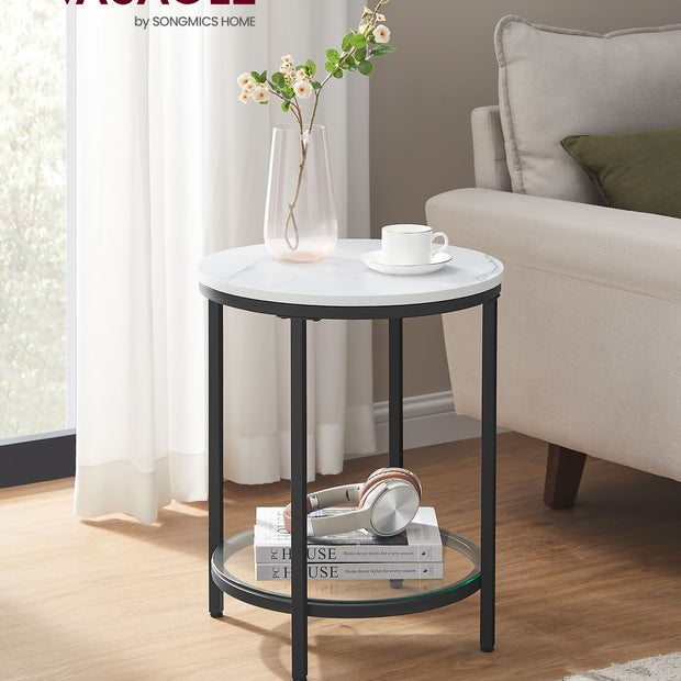 Seitentabelle - 2 Level - White Marmor Look - Schwarzer Rahmen