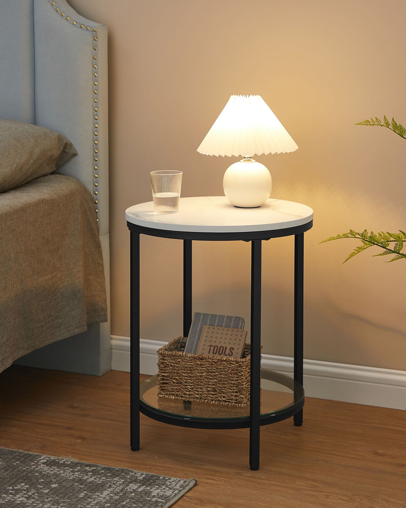 Seitentabelle - 2 Level - White Marmor Look - Schwarzer Rahmen