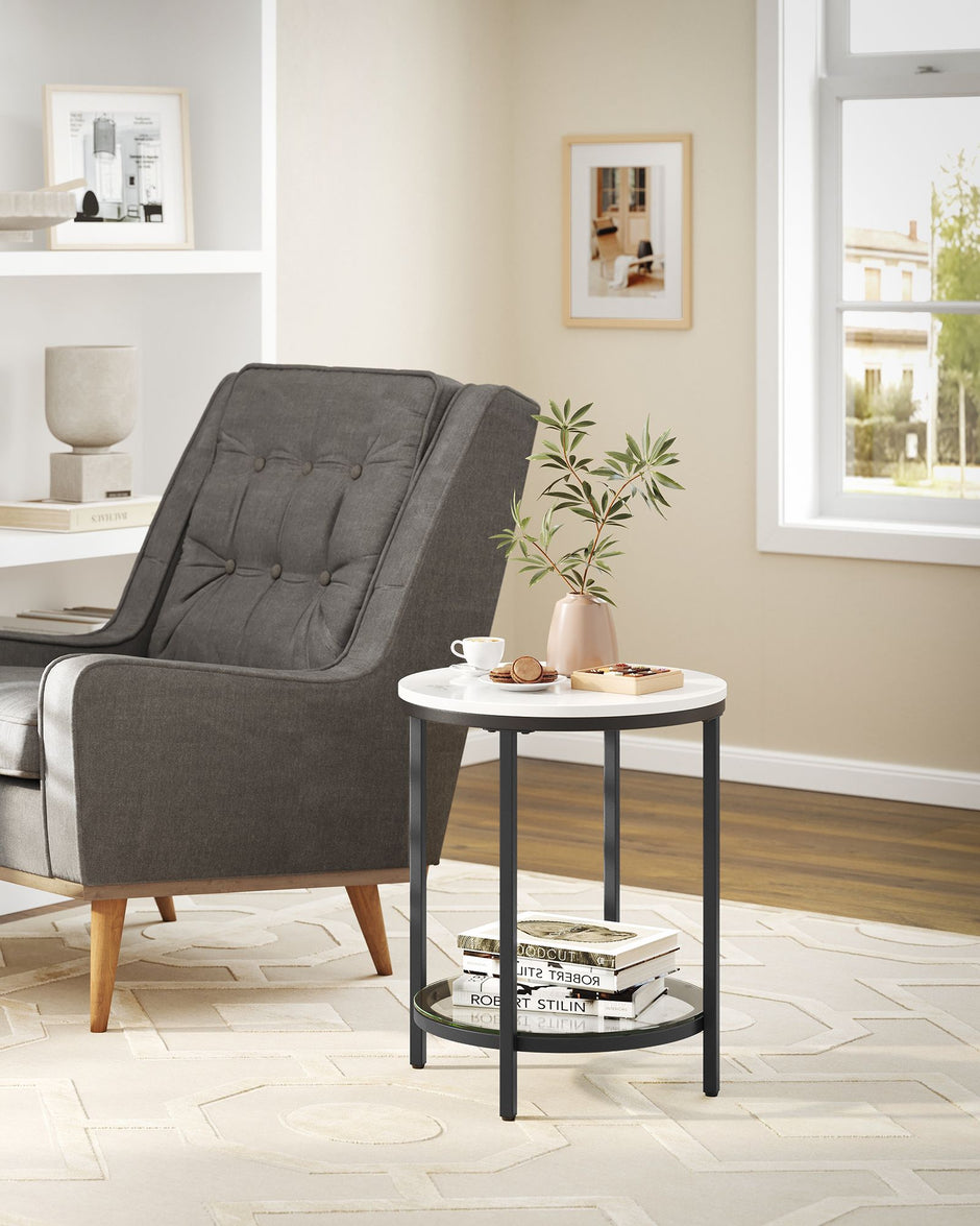 Seitentabelle - 2 Level - White Marmor Look - Schwarzer Rahmen