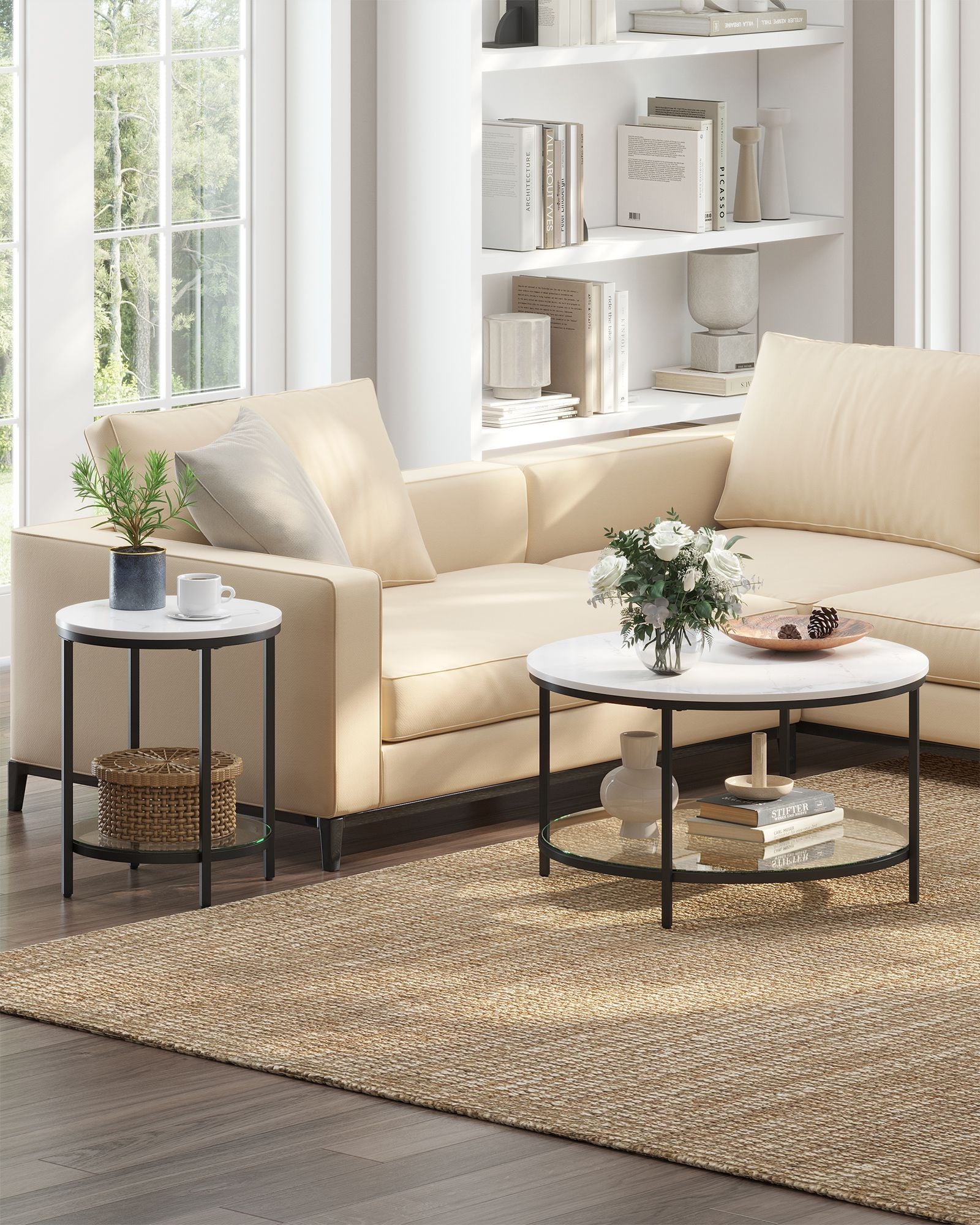 Seitentabelle - 2 Level - White Marmor Look - Schwarzer Rahmen