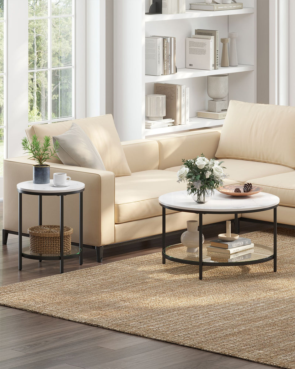 Seitentabelle - 2 Level - White Marmor Look - Schwarzer Rahmen