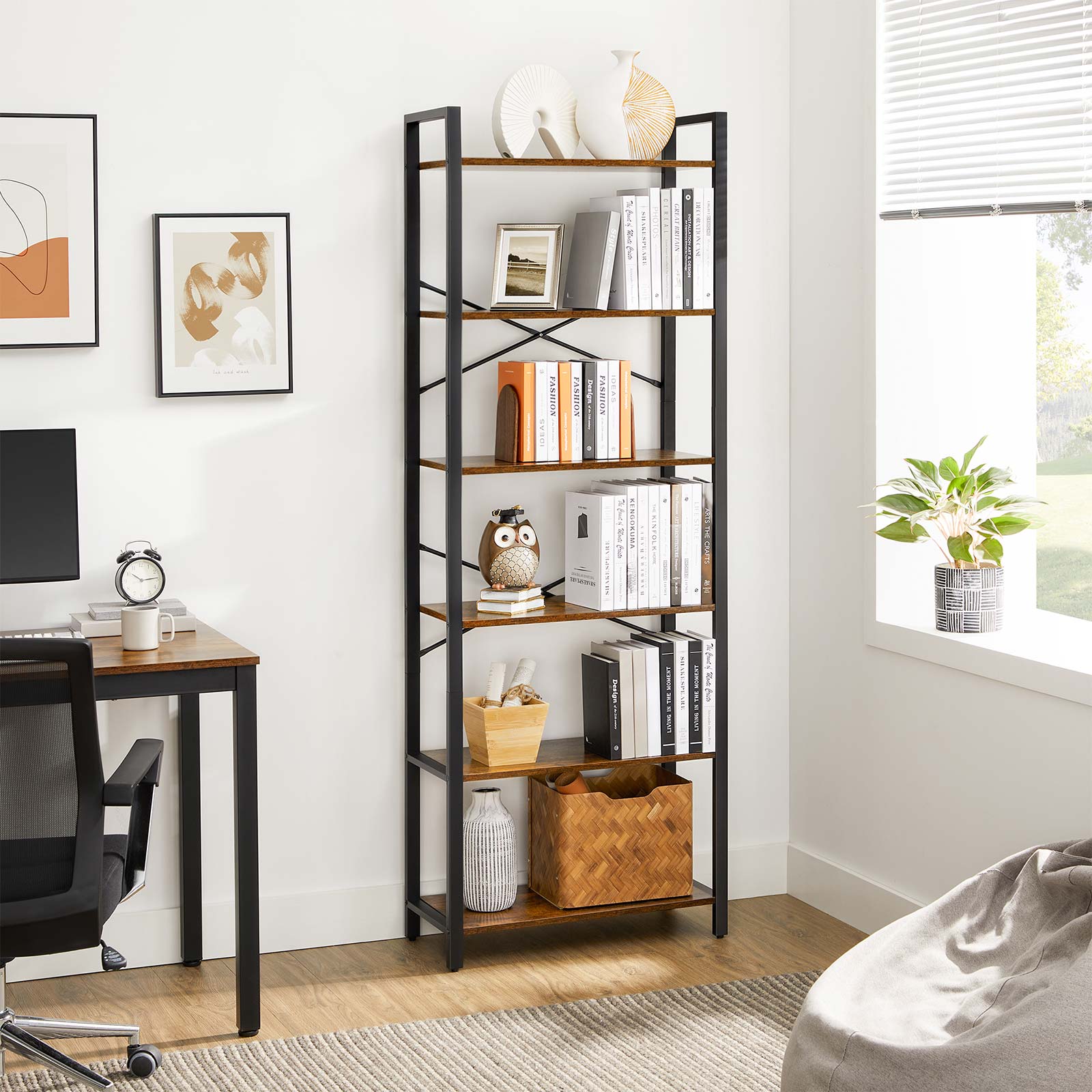 Wohnzimmerschrank - Buchregal - mit 6 Levels - Metallrahmen - Brown