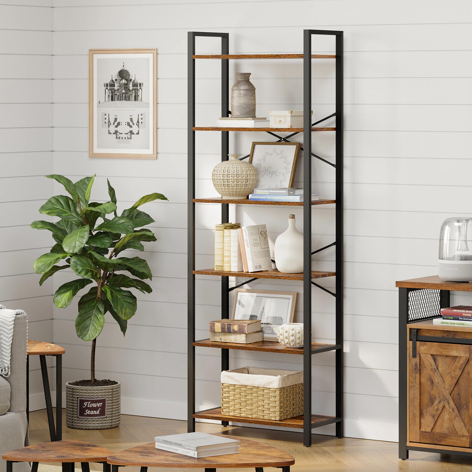 Wohnzimmerschrank - Buchregal - mit 6 Levels - Metallrahmen - Brown