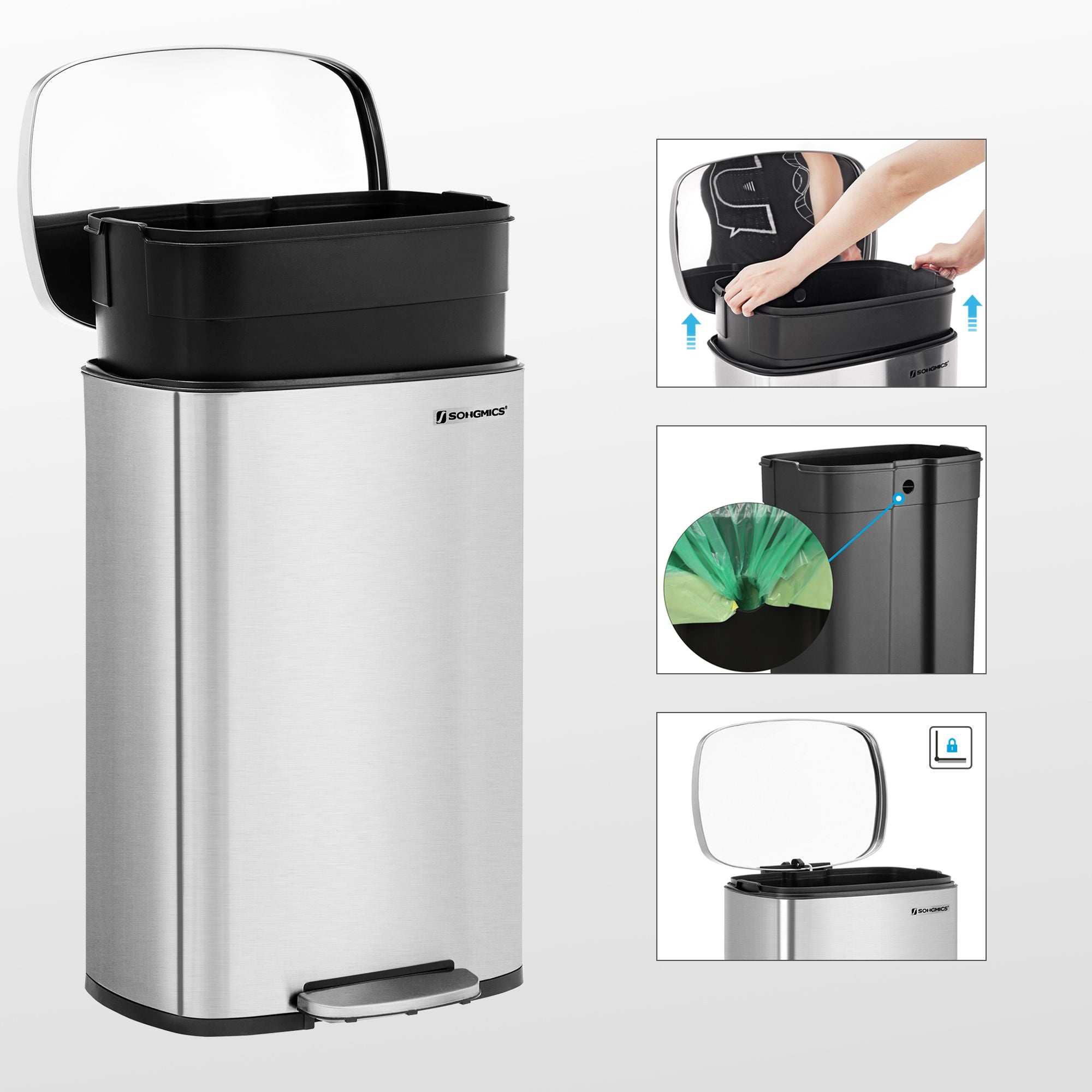 Müllbehälter - Pedalbehälter - 50 l - Edelstahl - Softclose - luftdicht - Kunststoff -Innenschaufel