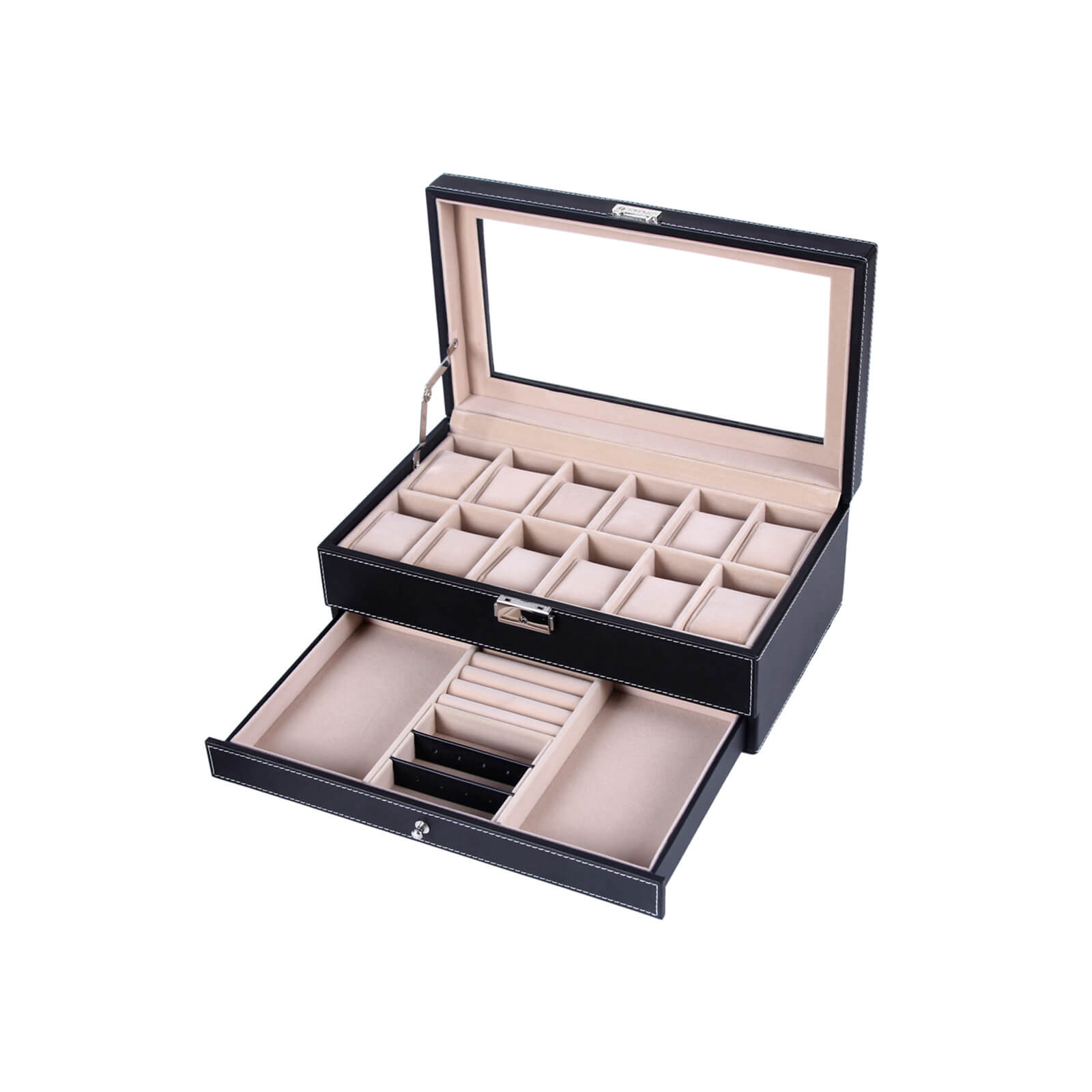 Watchbox - mit Schublade - 12 Uhren - Schmuckschachtel - Glasdeckel - Schwarz