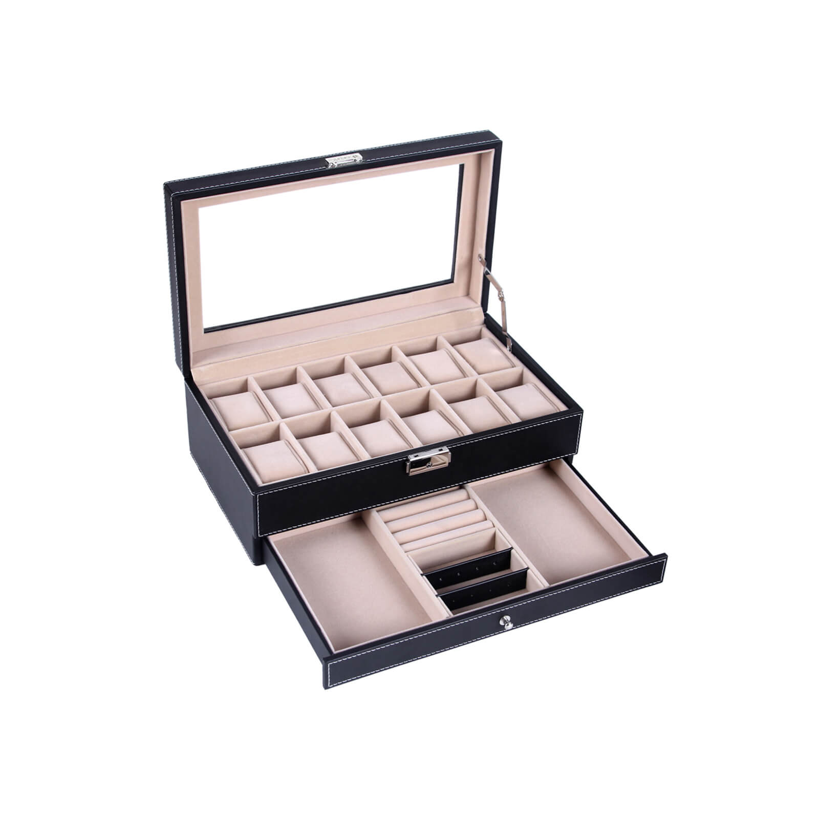 Watchbox - mit Schublade - 12 Uhren - Schmuckschachtel - Glasdeckel - Schwarz