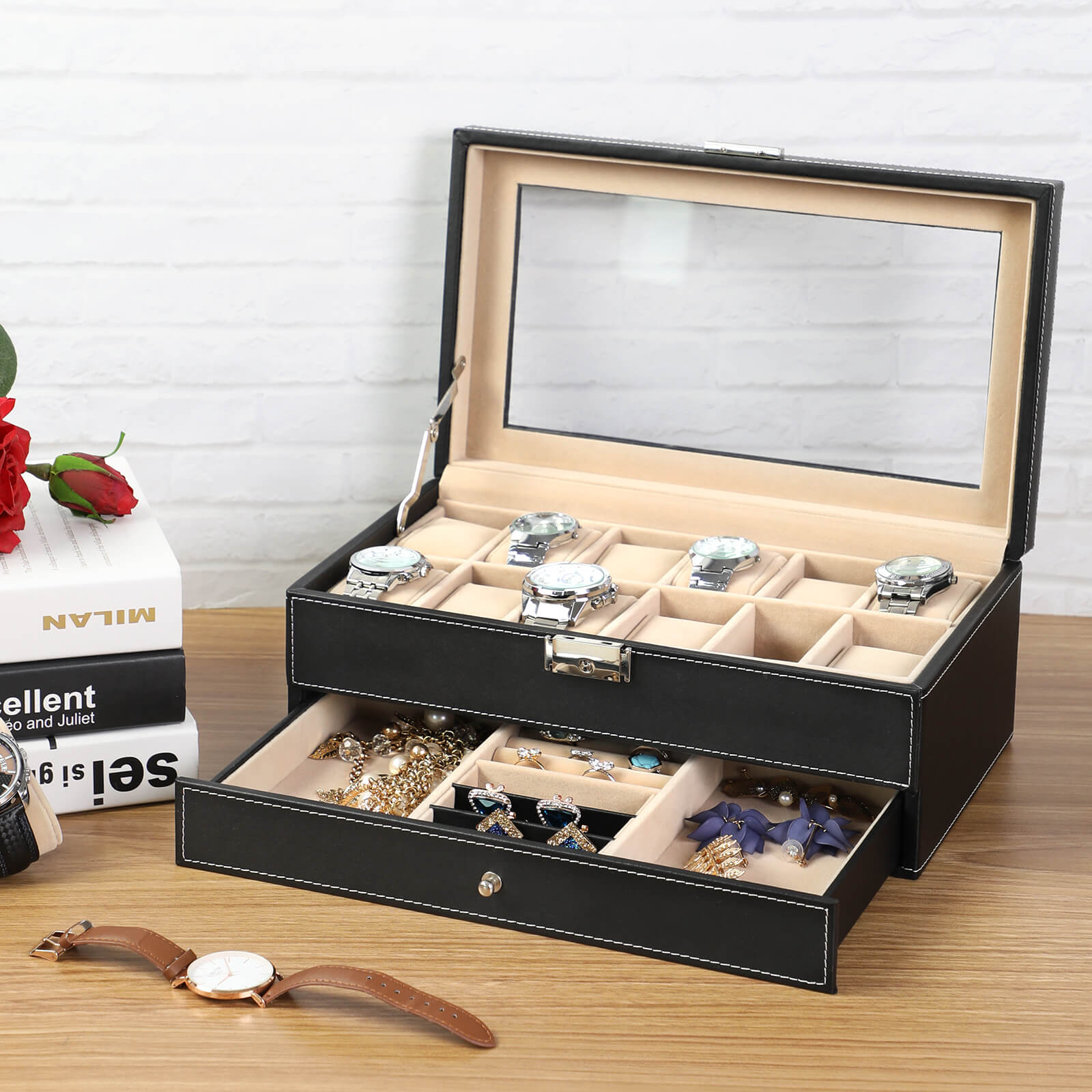 Watchbox - mit Schublade - 12 Uhren - Schmuckschachtel - Glasdeckel - Schwarz