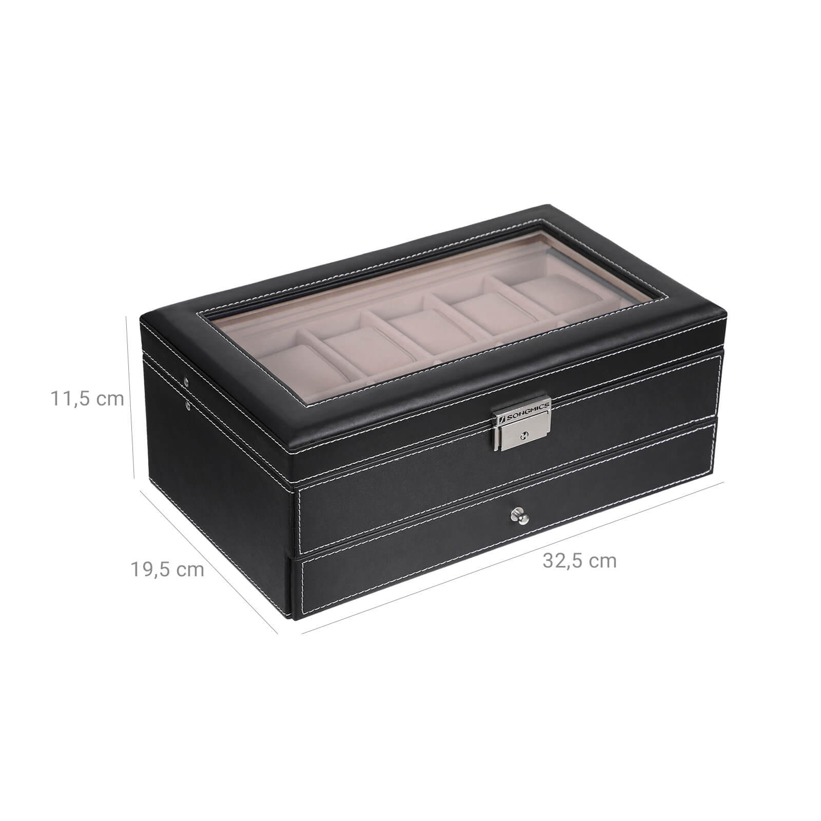 Watchbox - mit Schublade - 12 Uhren - Schmuckschachtel - Glasdeckel - Schwarz