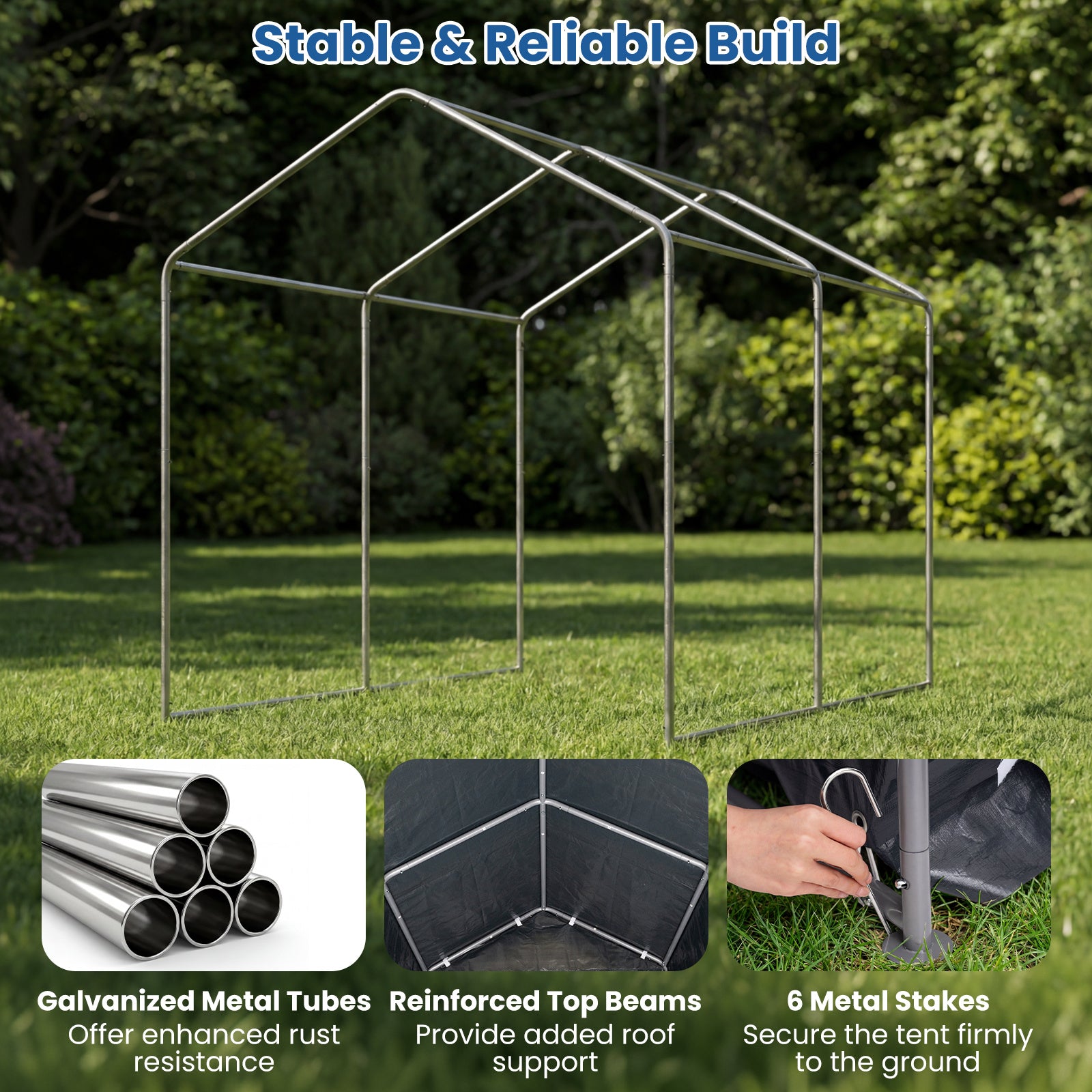 Utrustningsskåp – garageförrådstält med upprullbar dragkedjedörr och metallpluggor, – / 6 220 x 160 x 174 cm