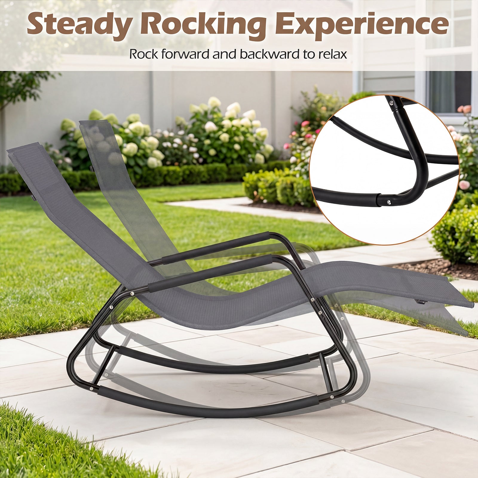 Väderbeständig – trädgårdssoffa ergonomisk gungstol i andningsbart tyg med metallram – 143 x 57 x 86 cm – Grå