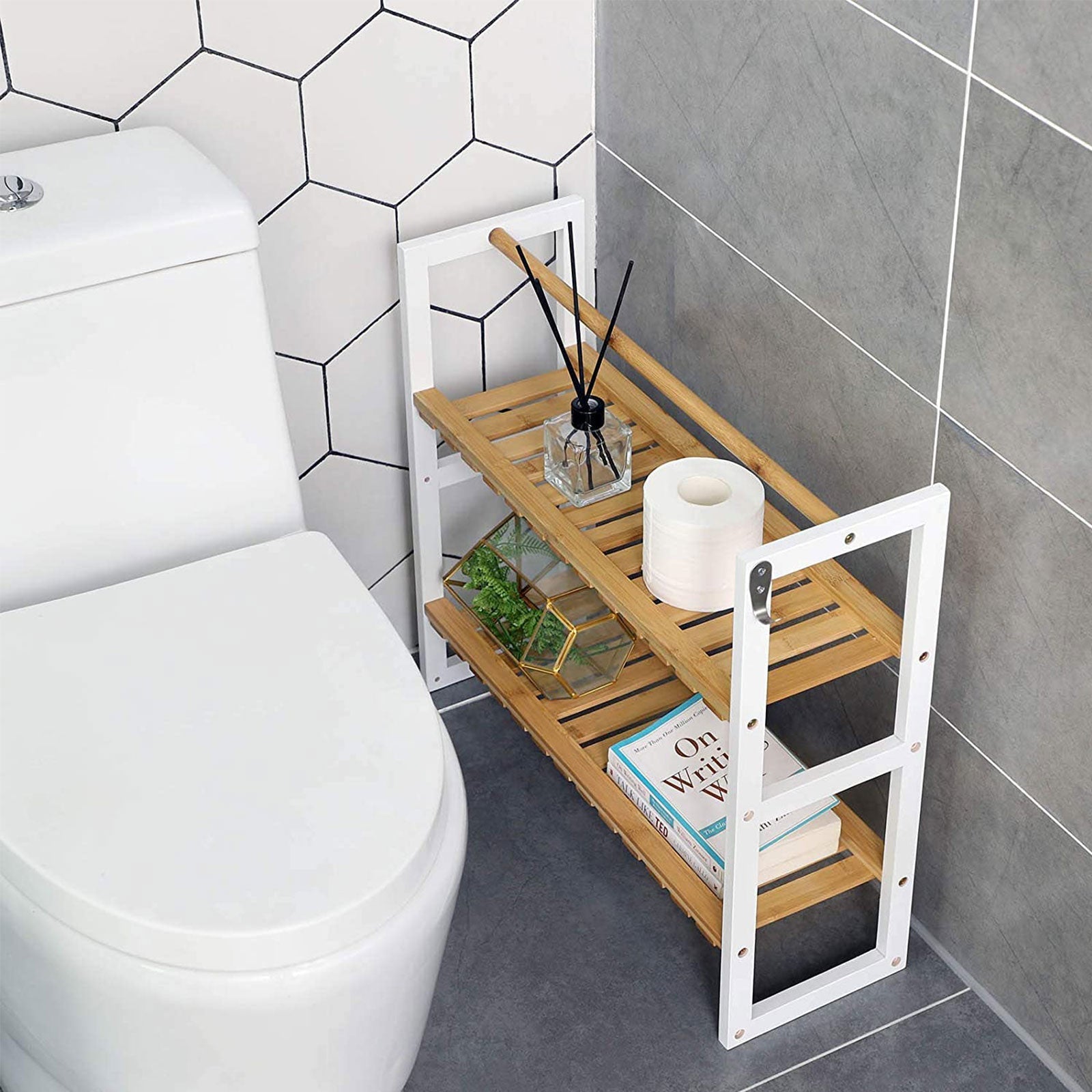 Badezimmerregal - Bambus -Seitenschrank mit 2 Regalen - Handtuchregal