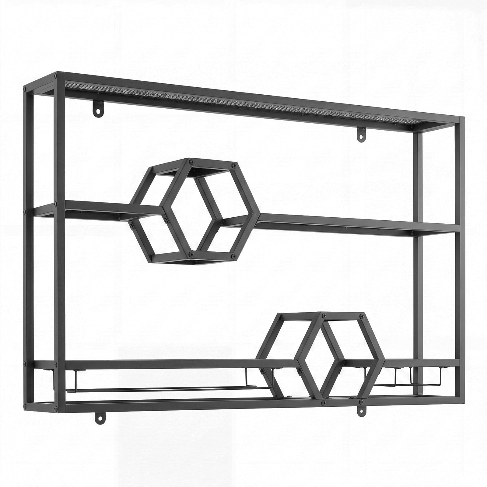 Vinfäste, – väggmonterad flaskhylla med glas hållare och nivåer – 3 120 x 20 x 77 cm