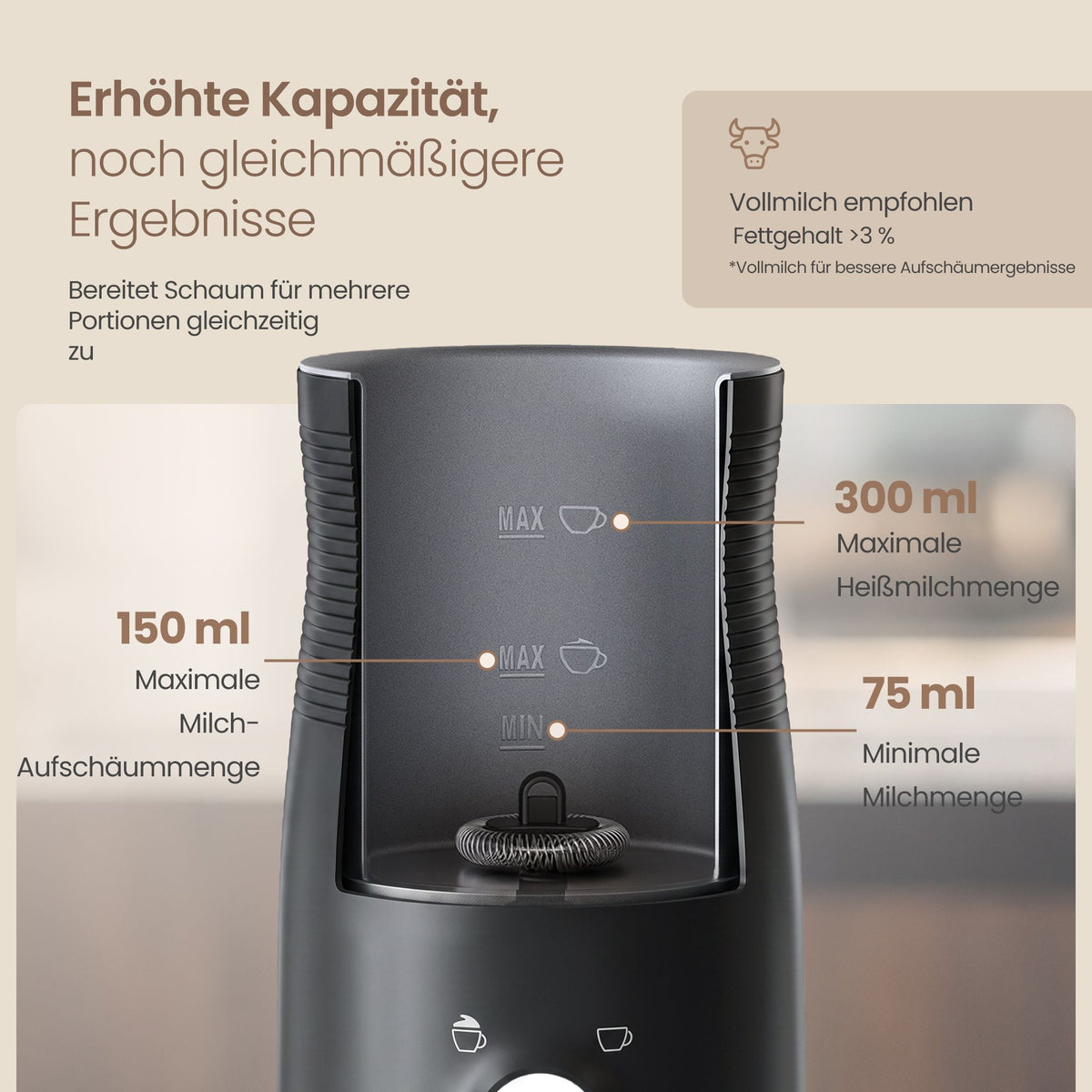 Melkopschuimer - Elektrisch met 4 Functies - 300 ml - Zwart - 10,5 x 10,5 x 20,3 cm