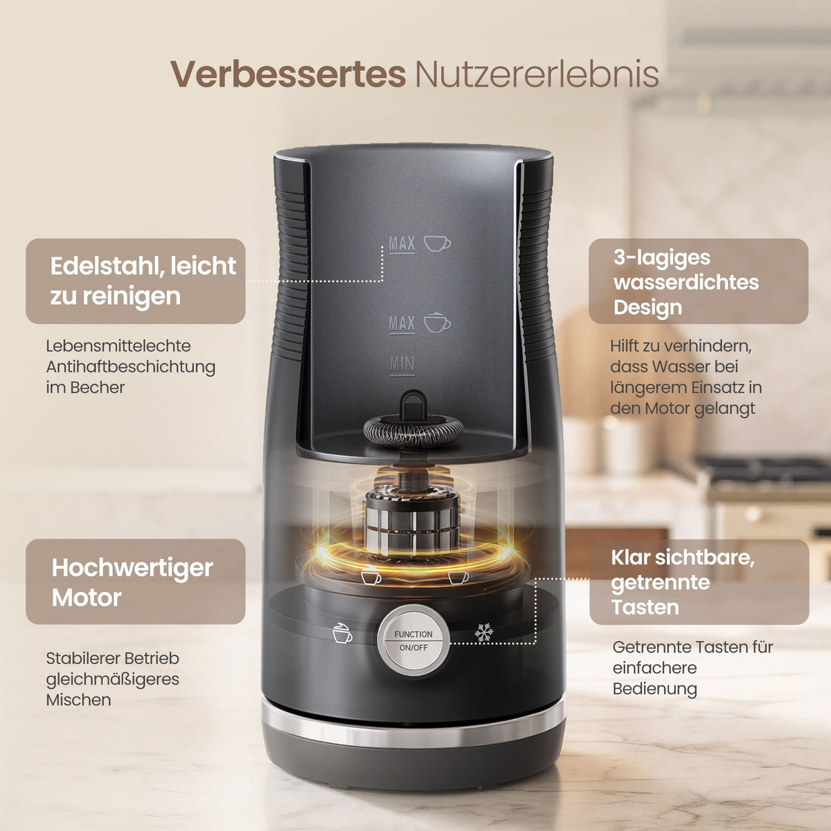 Melkopschuimer - Elektrisch met 4 Functies - 300 ml - Zwart - 10,5 x 10,5 x 20,3 cm