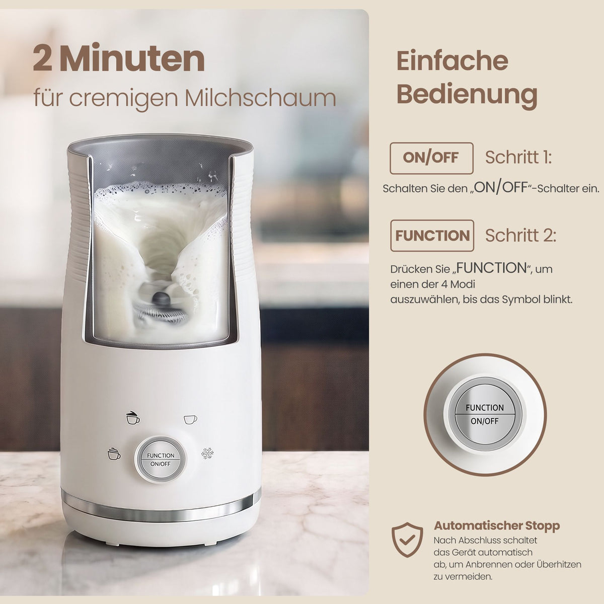 Melkopschuimer - Elektrisch met 4 Functies - 300 ml - Wolkwit - 10,5 x 10,5 x 20,3 cm