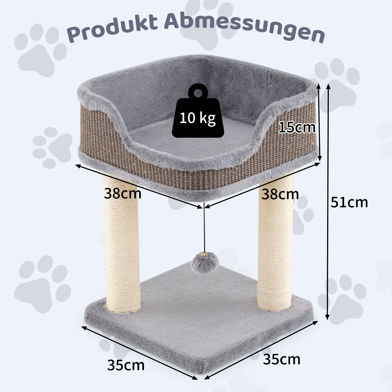 Klösträd – Litet Kattträd med stor plyschsits i trä Kattmöbler Klätterträd – 38 x 38 x 51 cm – Grå