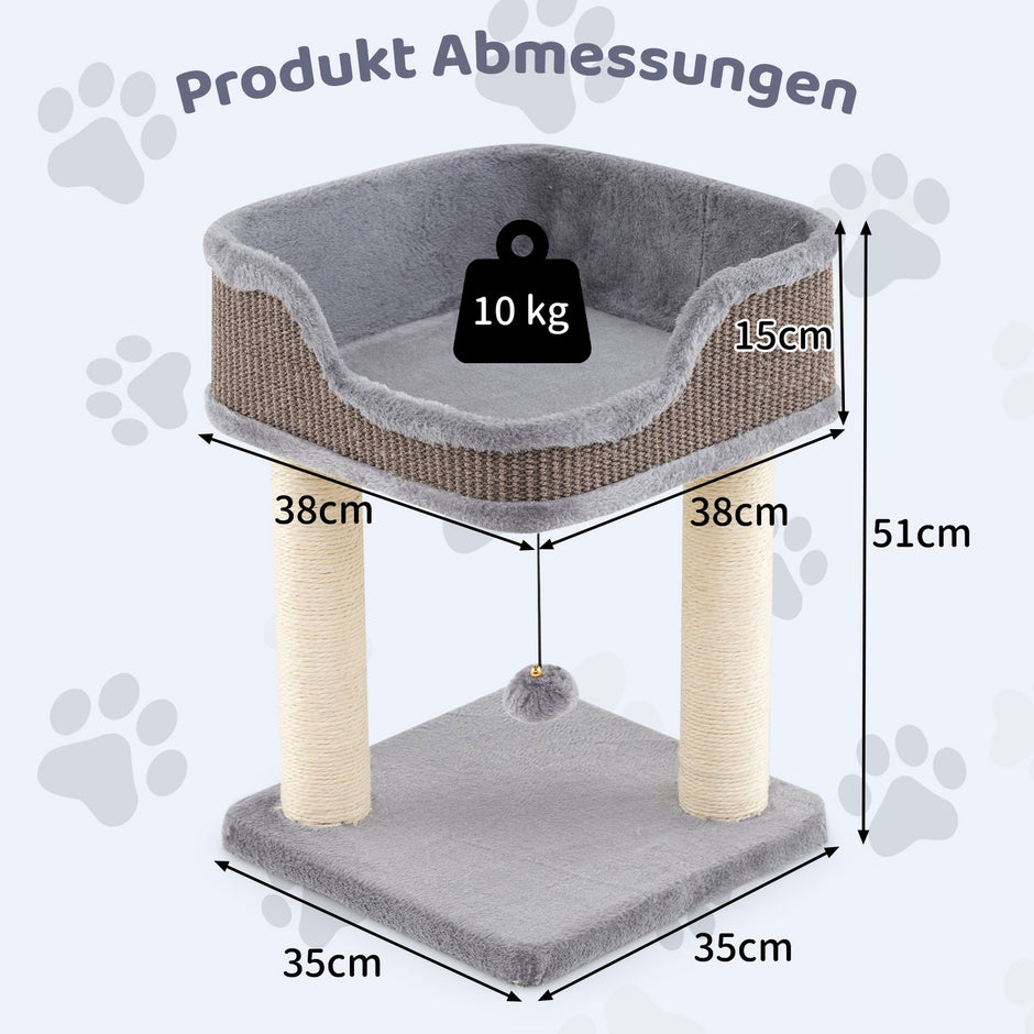 Klösträd – Litet Kattträd med stor plyschsits i trä Kattmöbler Klätterträd – 38 x 38 x 51 cm – Grå