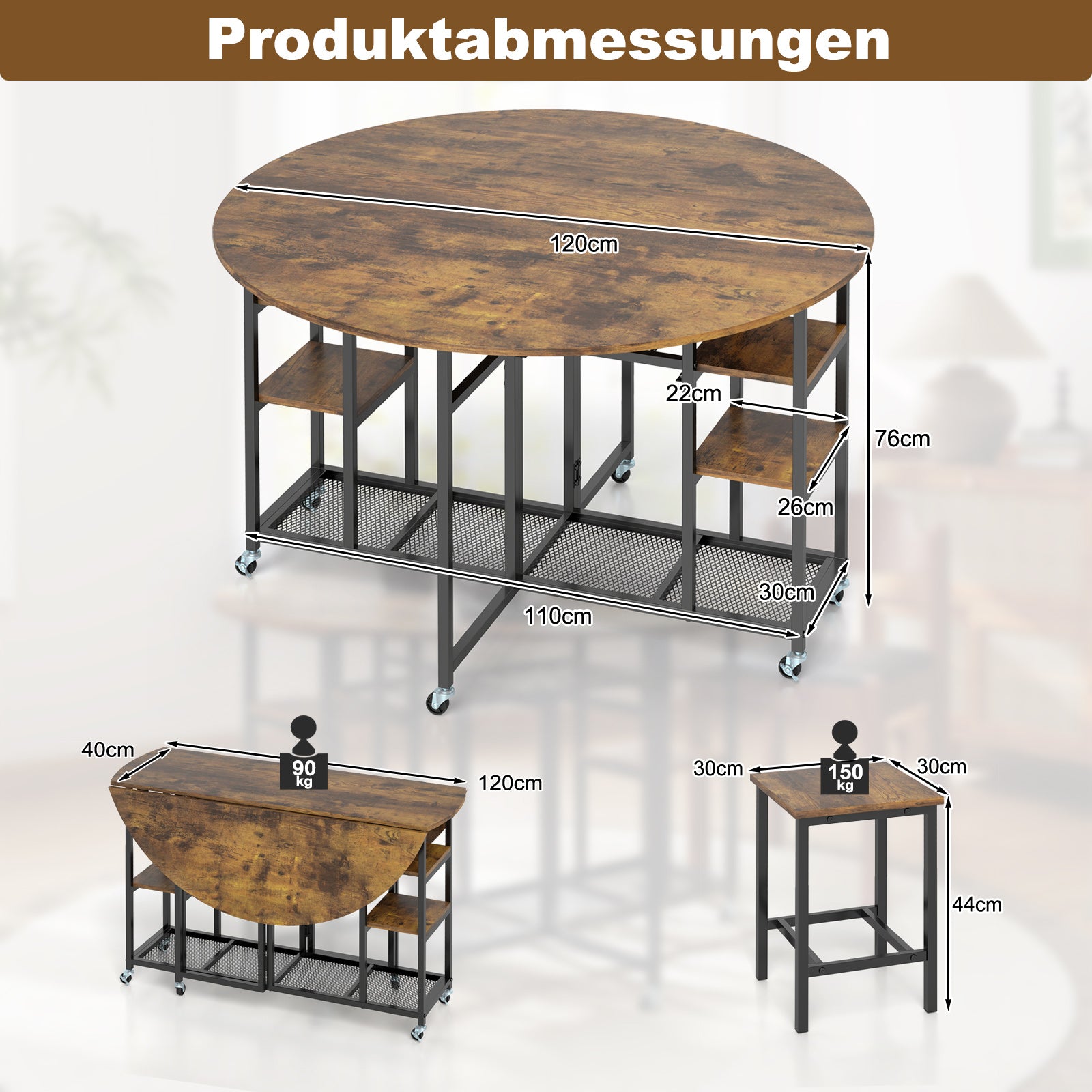 delad – matgrupp Fällbart köksbord med pallar och vinställ hyllor matrumgrupp – 3 2 – Brun