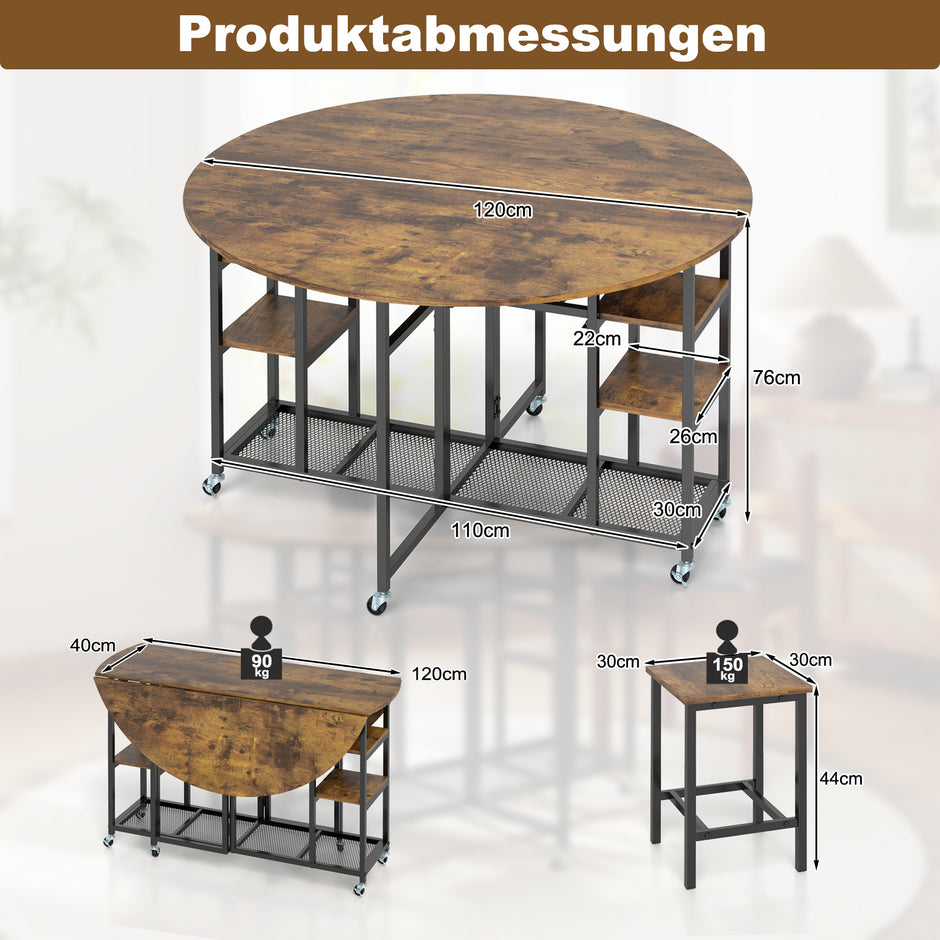 delad – matgrupp Fällbart köksbord med pallar och vinställ hyllor matrumgrupp – 3 2 – Brun