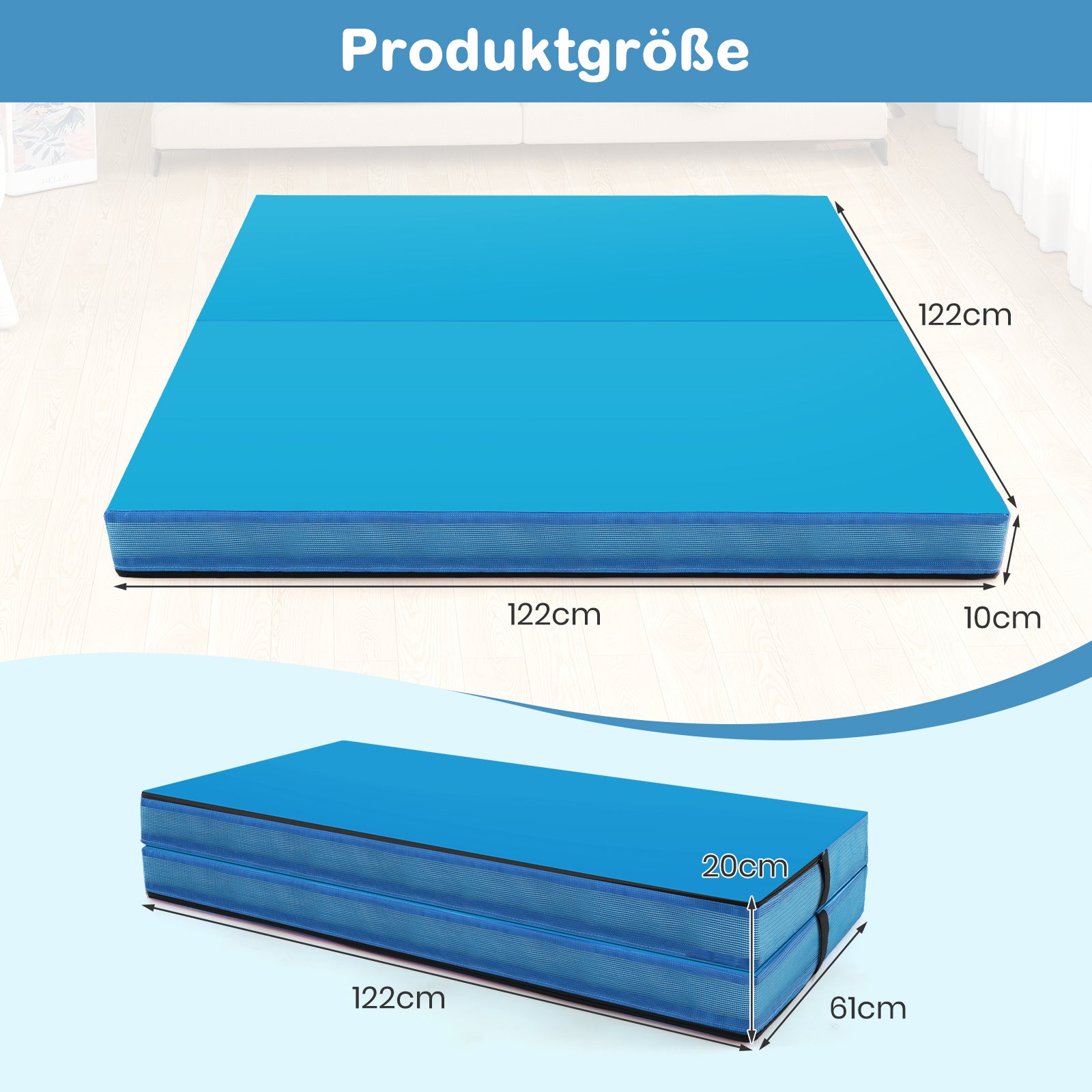 Fällbar – gymnastikmatta tjock dubbelvikbar och tumblingmatta med konstläderöverdrag – 122 x 122 x 10 cm – Blå