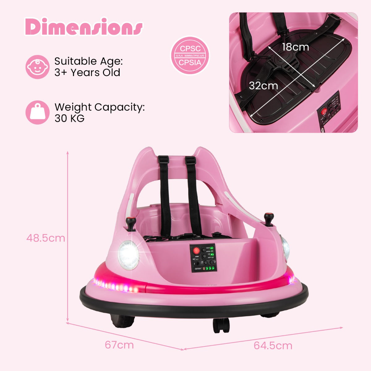 Barn – El Bumpercar 12V Batteri drivet med Fjärrkontroll och Dubbel Joystick 360° Svängning – Rosa