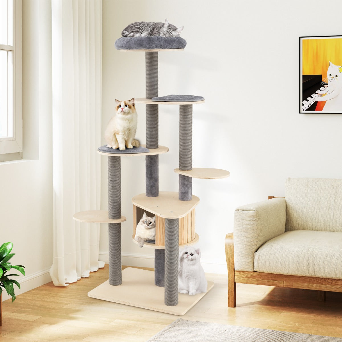 Hög – Klösträd Flersteg Kattträd med bekväm kuddad övre Sittplattform – 172 cm – Grå