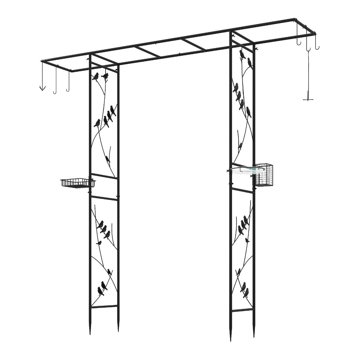 Trädgårdsbåge – med matstation, robust vattenskål, gallerbricka, fettmatare – 213 cm – Svart