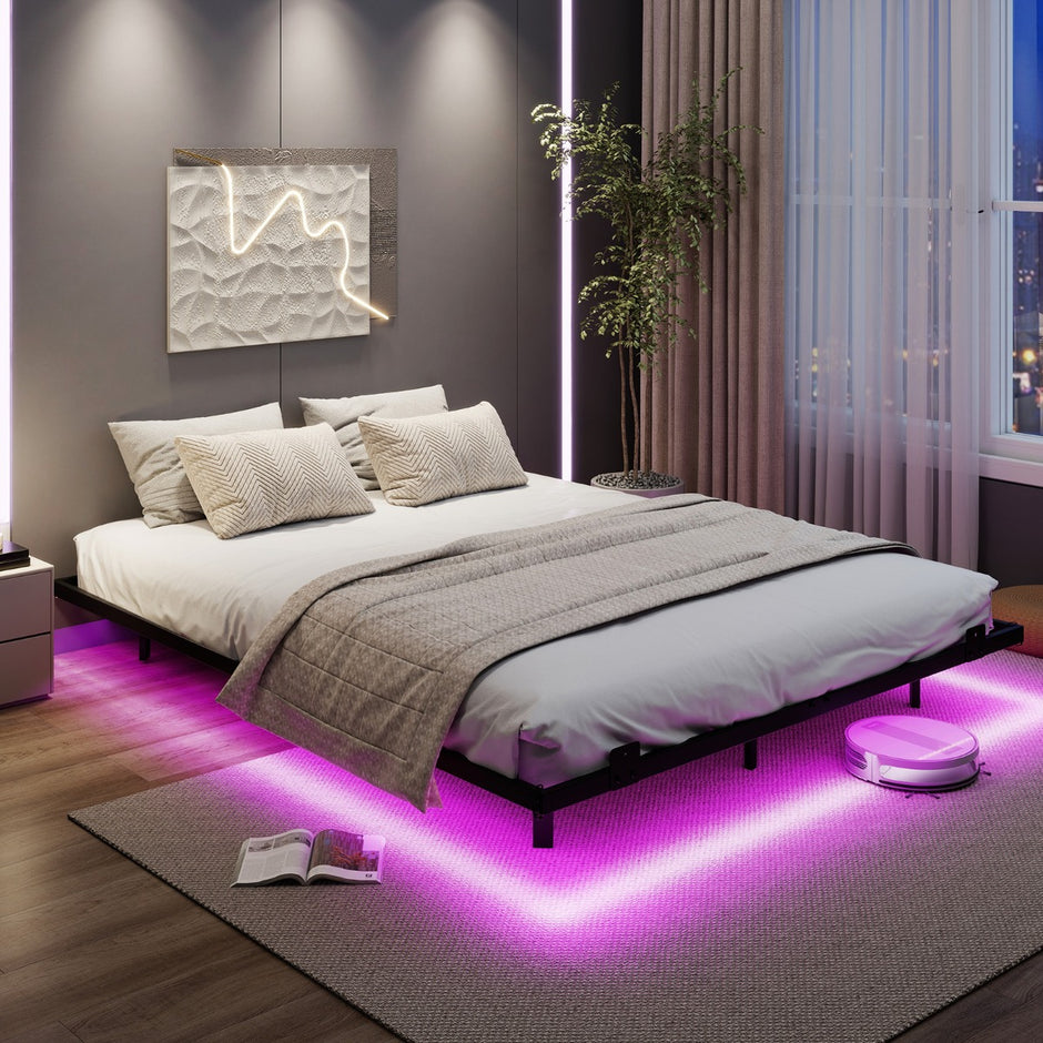 Queen – Size Svängsängsställning mit LED Belysning Modern Sängställning av Metall – 160 x 200 cm – Svart