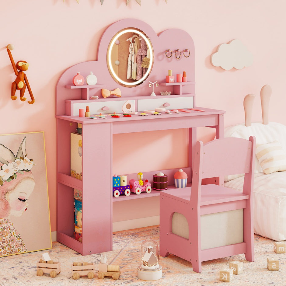 Barnsminkbord – med belysning Prinsessans frisörbord och stolsset lådor – 2 – Rosa
