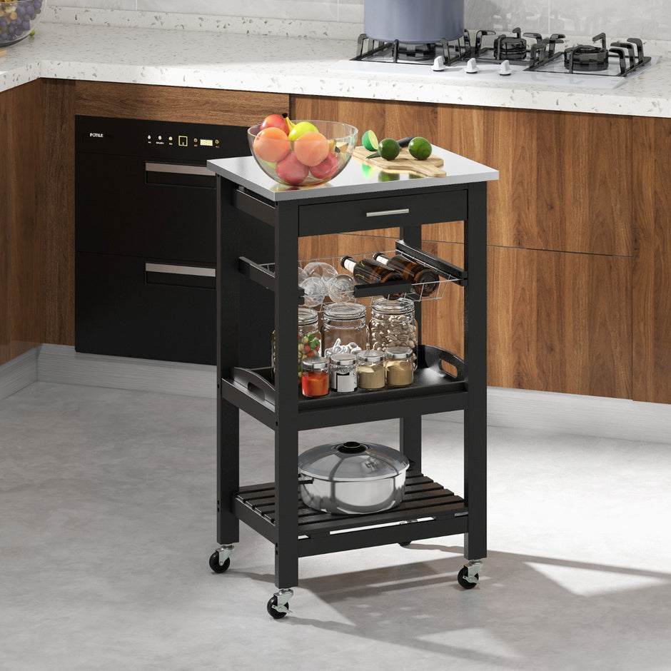Liten – Köksvagn Serveringsvagn på Hjul Kökshylla med Arbetsyta av Rostfritt Stål – 47 x 39 x 85 cm – Svart