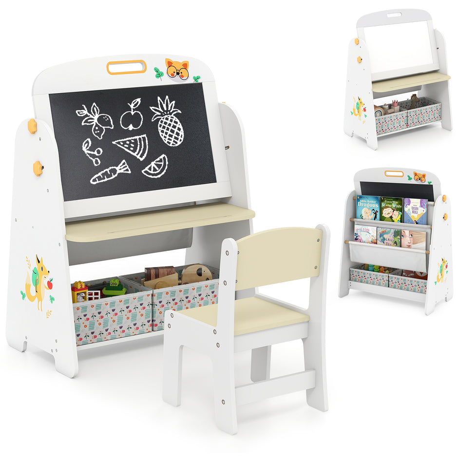 Barnstaffli – med stol, barnbord bokhylla och magnetisk tavla whiteboard i – . – Natur