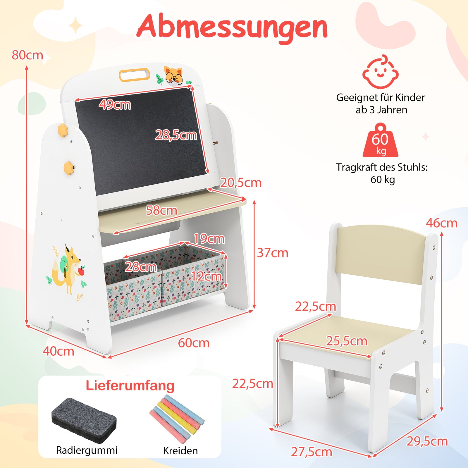 Barnstaffli – med stol, barnbord bokhylla och magnetisk tavla whiteboard i – . – Natur