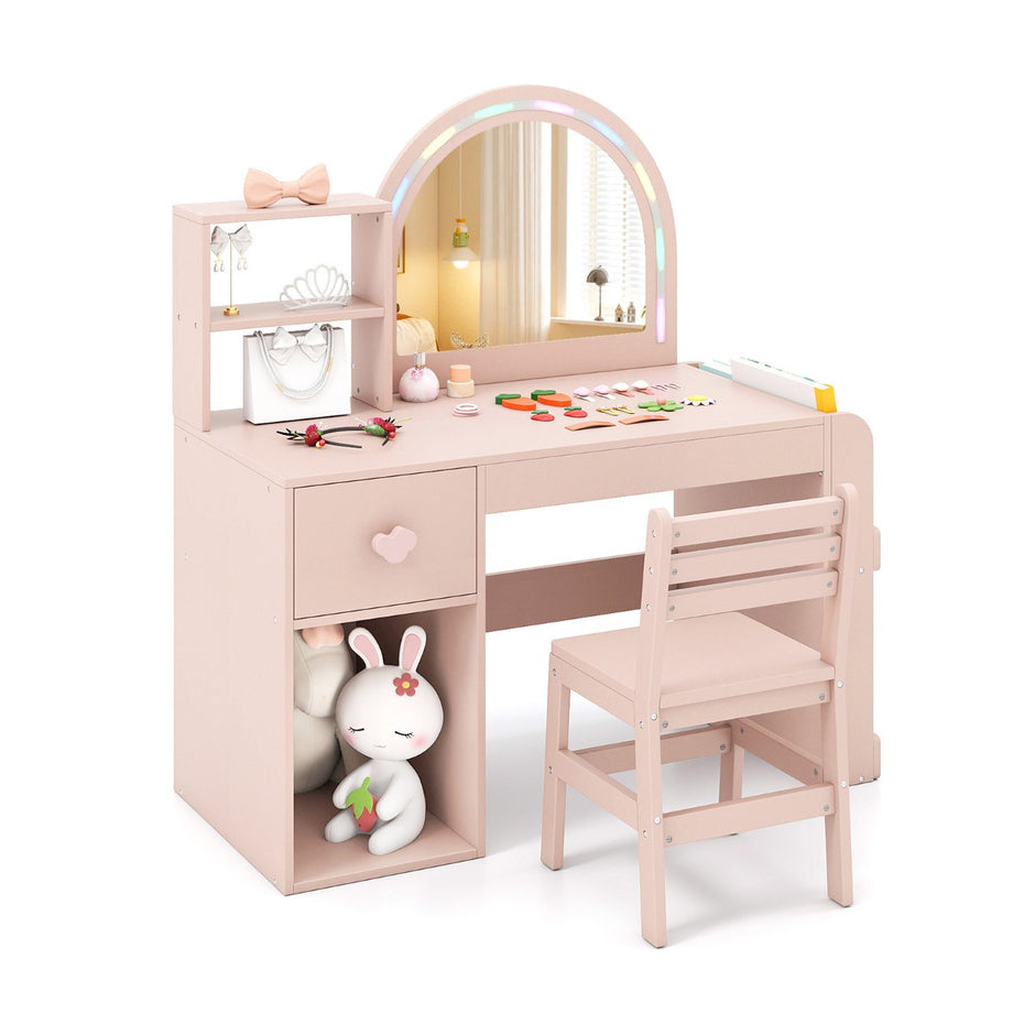 Barnsminkbord – med belysning upplyst spegel – Rosa
