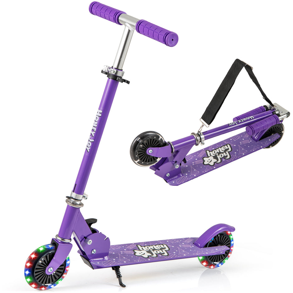 Hopfällbar – barnrullskridsko med LED hjul, styre, ställ och bärrem – Lila