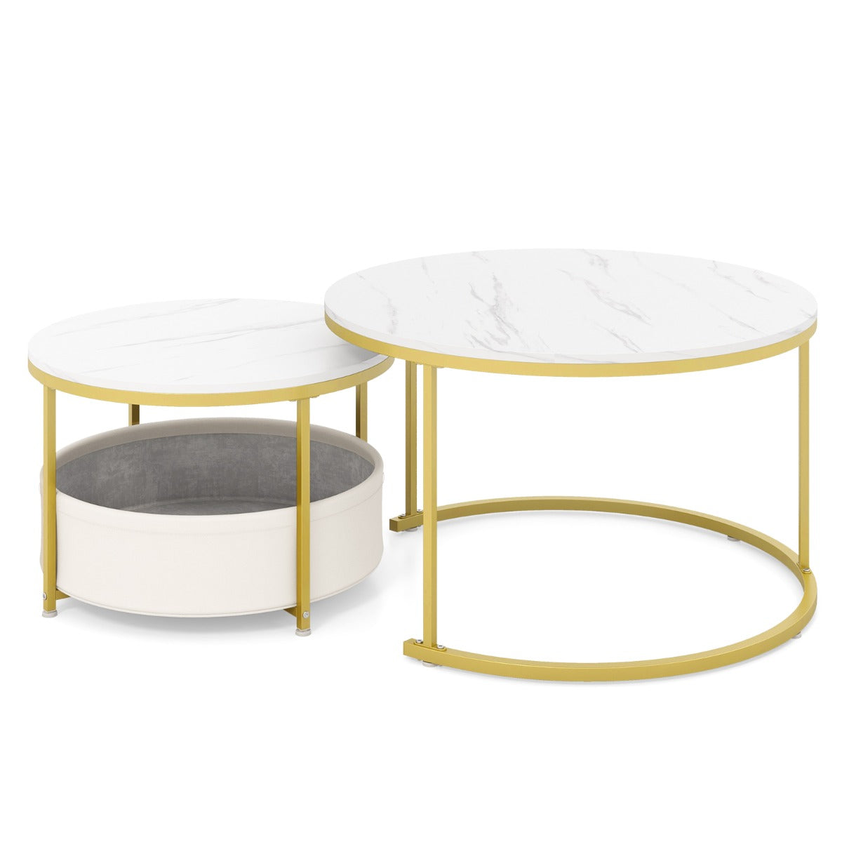 pack – Runda Sofabord Cocktailbord med Tyglagerväska och Metallram Infällbar Sidobord – 2 – Vit