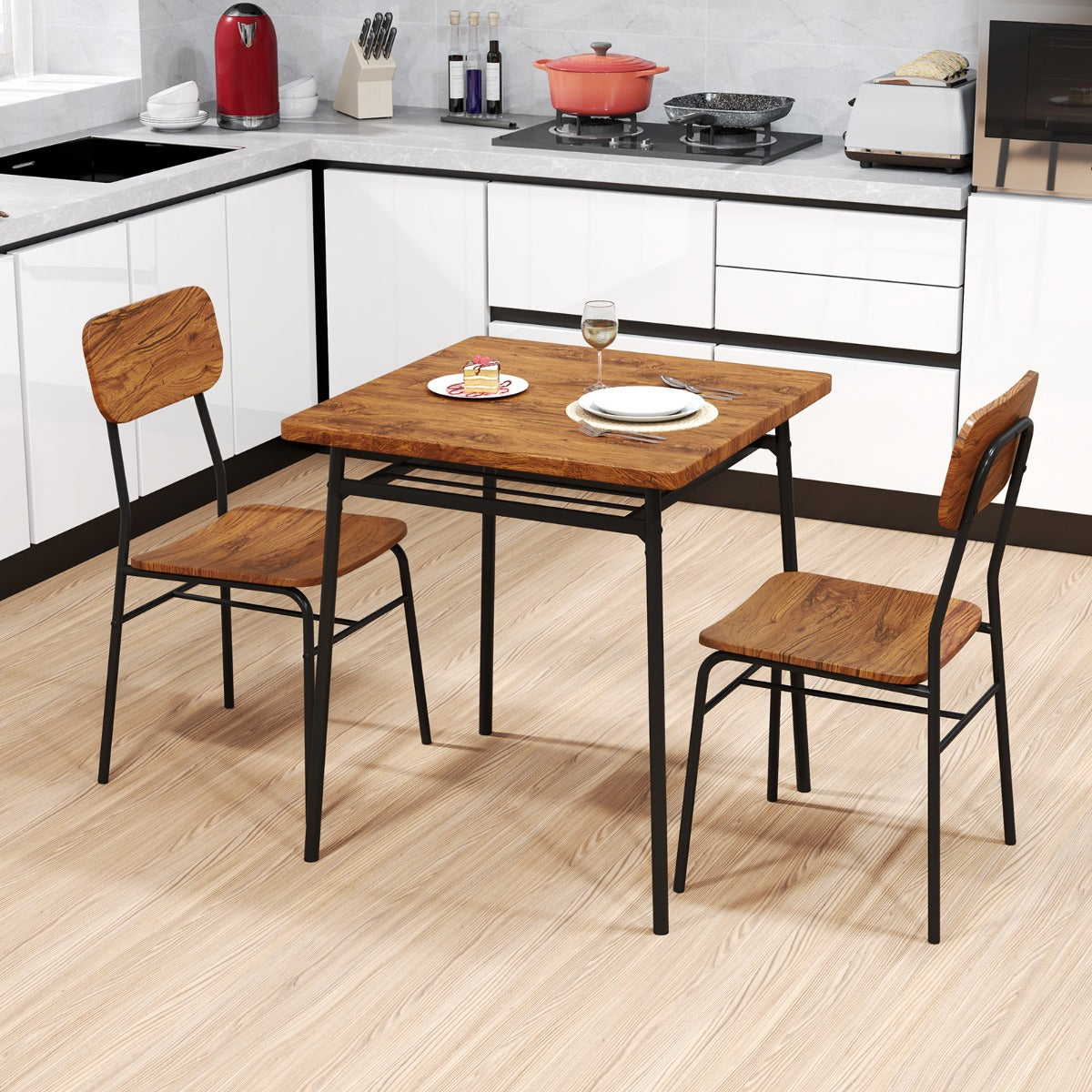delat – matbordset med hylla och stolar metallram Platsbesparande matplats – 3 2 – Brun