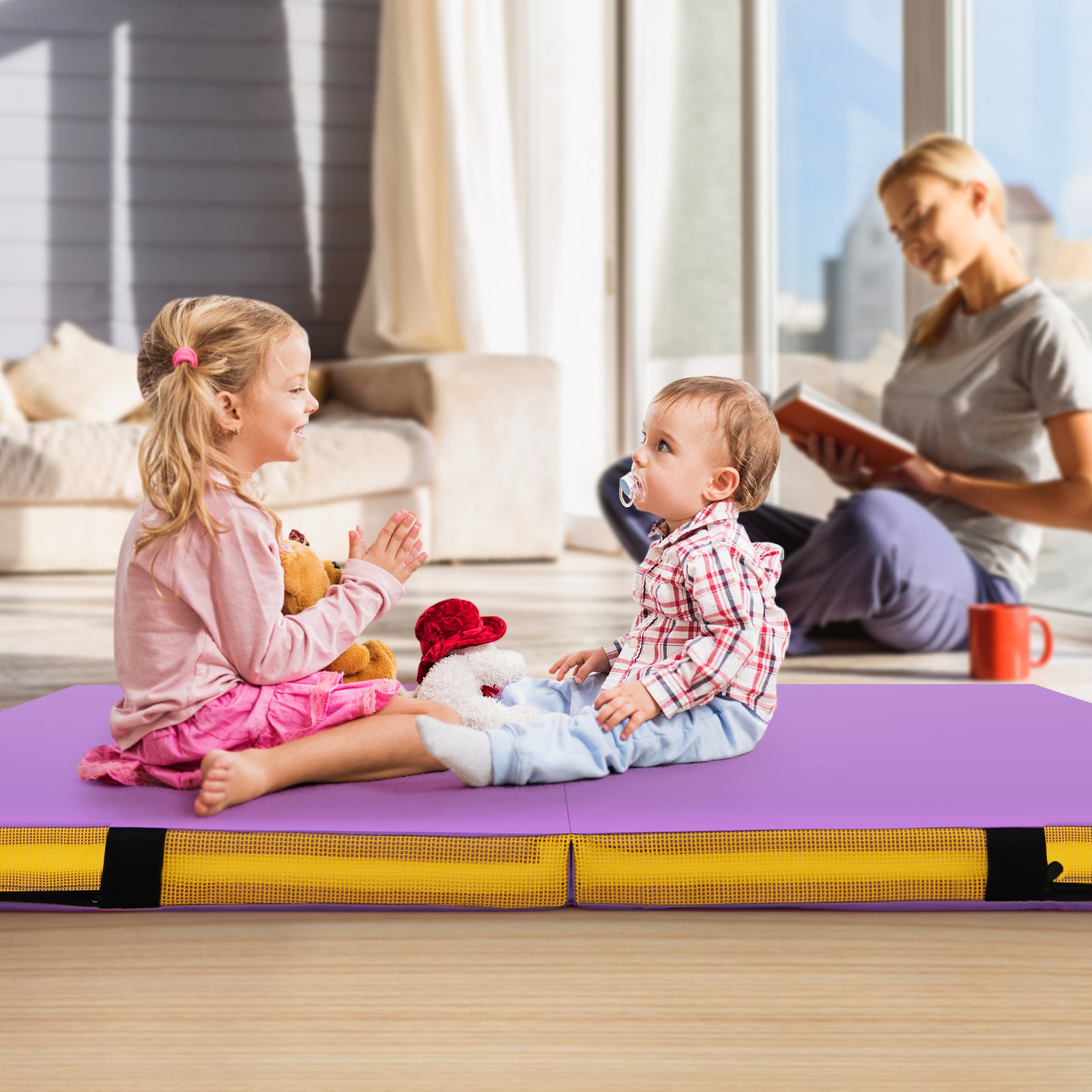 Fällbar – gymnastikmatta tjock dubbelvikbar och tumblingmatta med konstläderöverdrag – 122 x 122 x 10 cm – Lila
